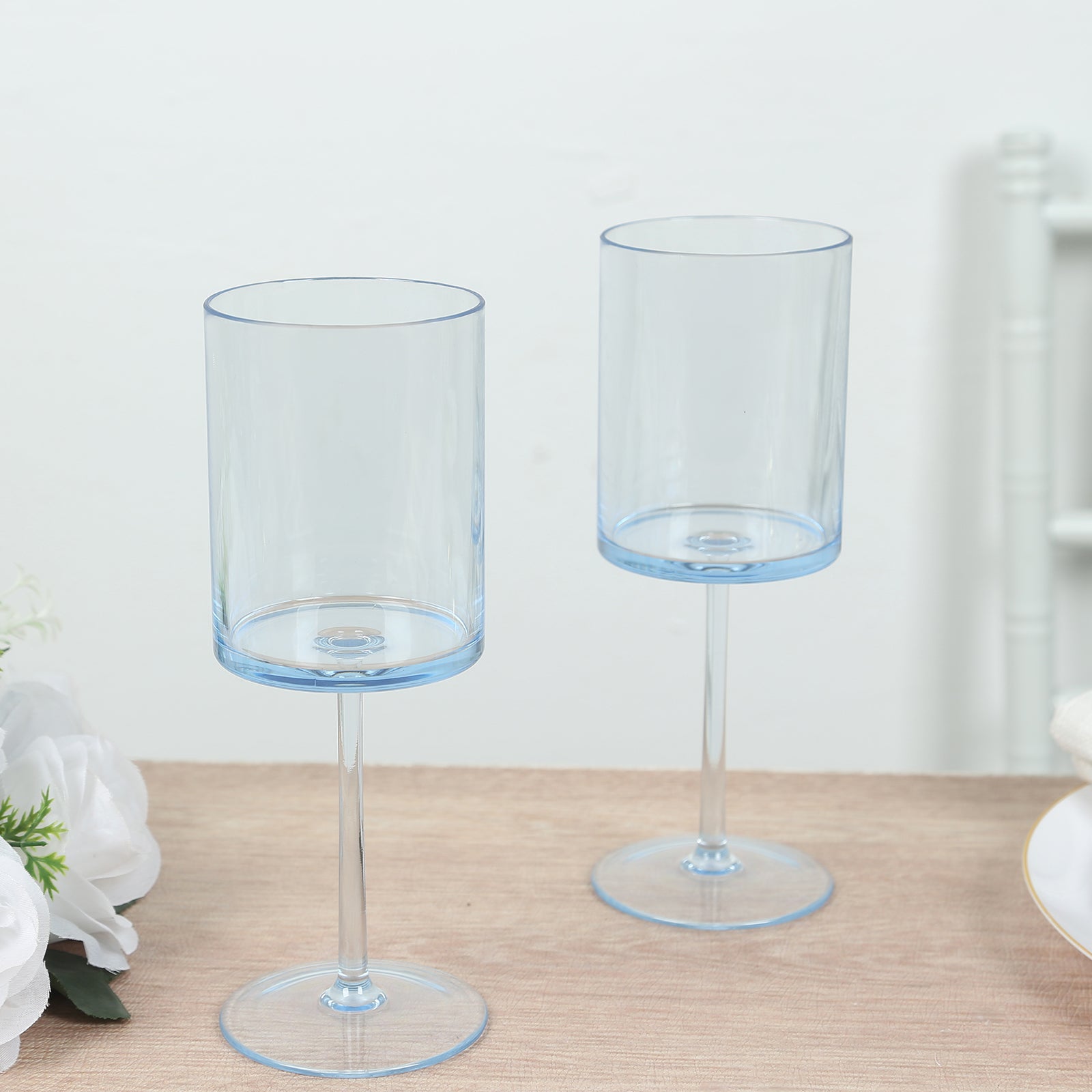 6-Pack Plastic Cocktail Glasses Transparent Dusty Blue Cylindrical Long Stem - Shatterproof Tumblers 10oz