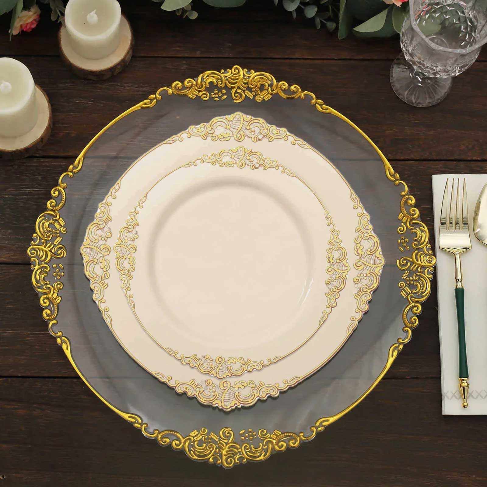 10-Pack Plastic 10 Round Dinner Plates in Ivory with Gold Leaf Embossed Rim - Disposable Vintage Baroque Style Plates