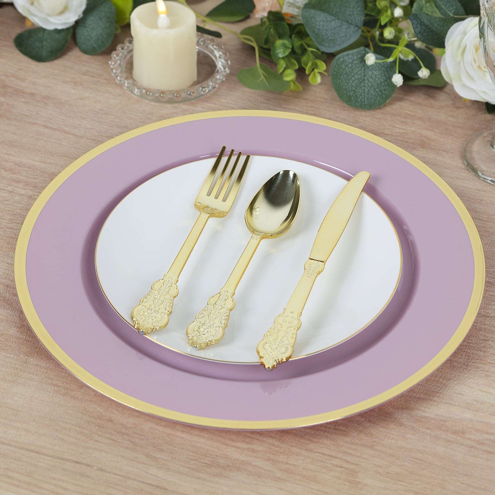 10-Pack Economy Plastic Round Charger Plates 12 in Lavender Lilac with Wide Gold Rim, Decorative Dinner Party Serving Plates