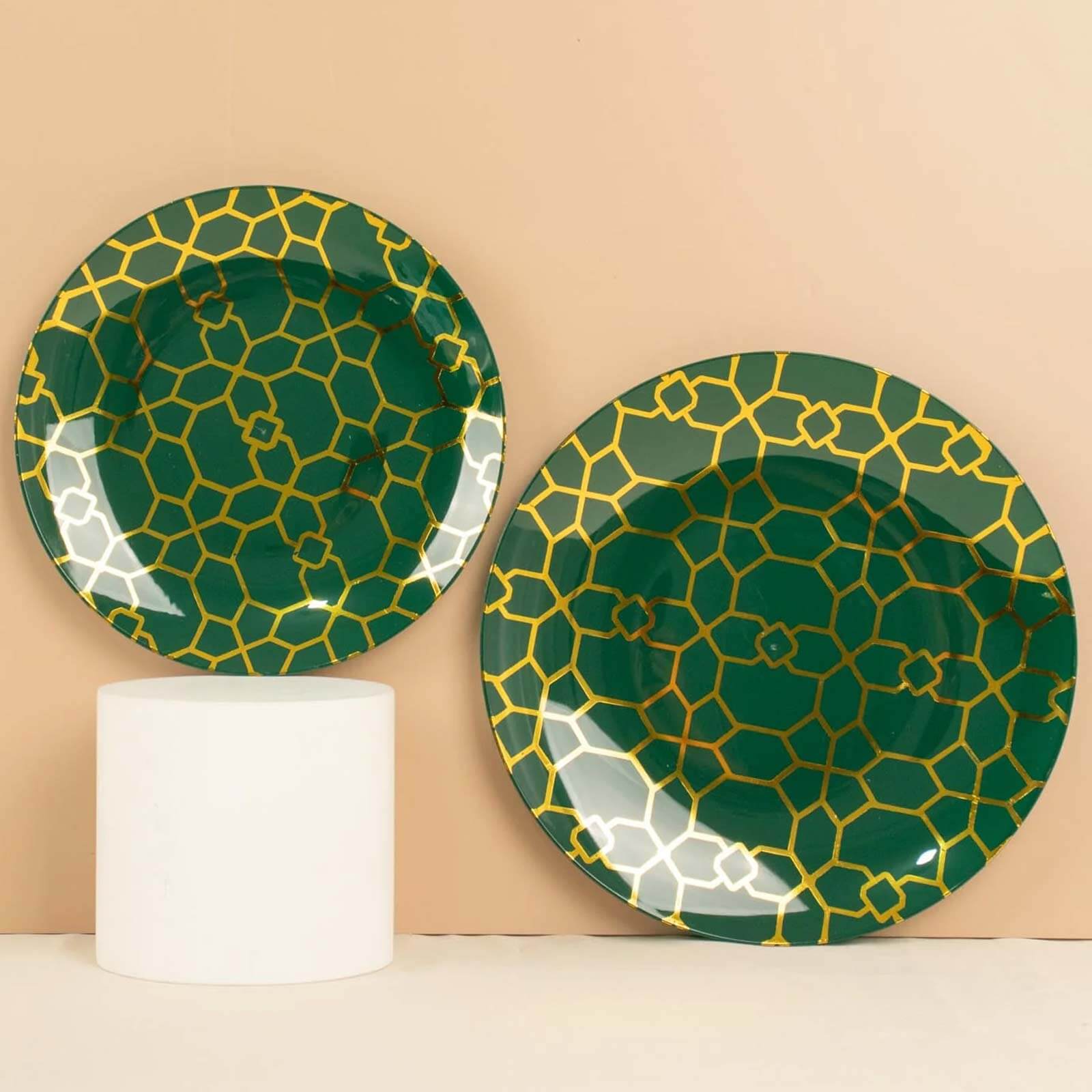 20-Pack Set Plastic Round Dinner and Salad Plates in Hunter Emerald Green with Geometric Gold Print - Modern Disposable Dinnerware Set for Weddings & Celebrations 9, 7