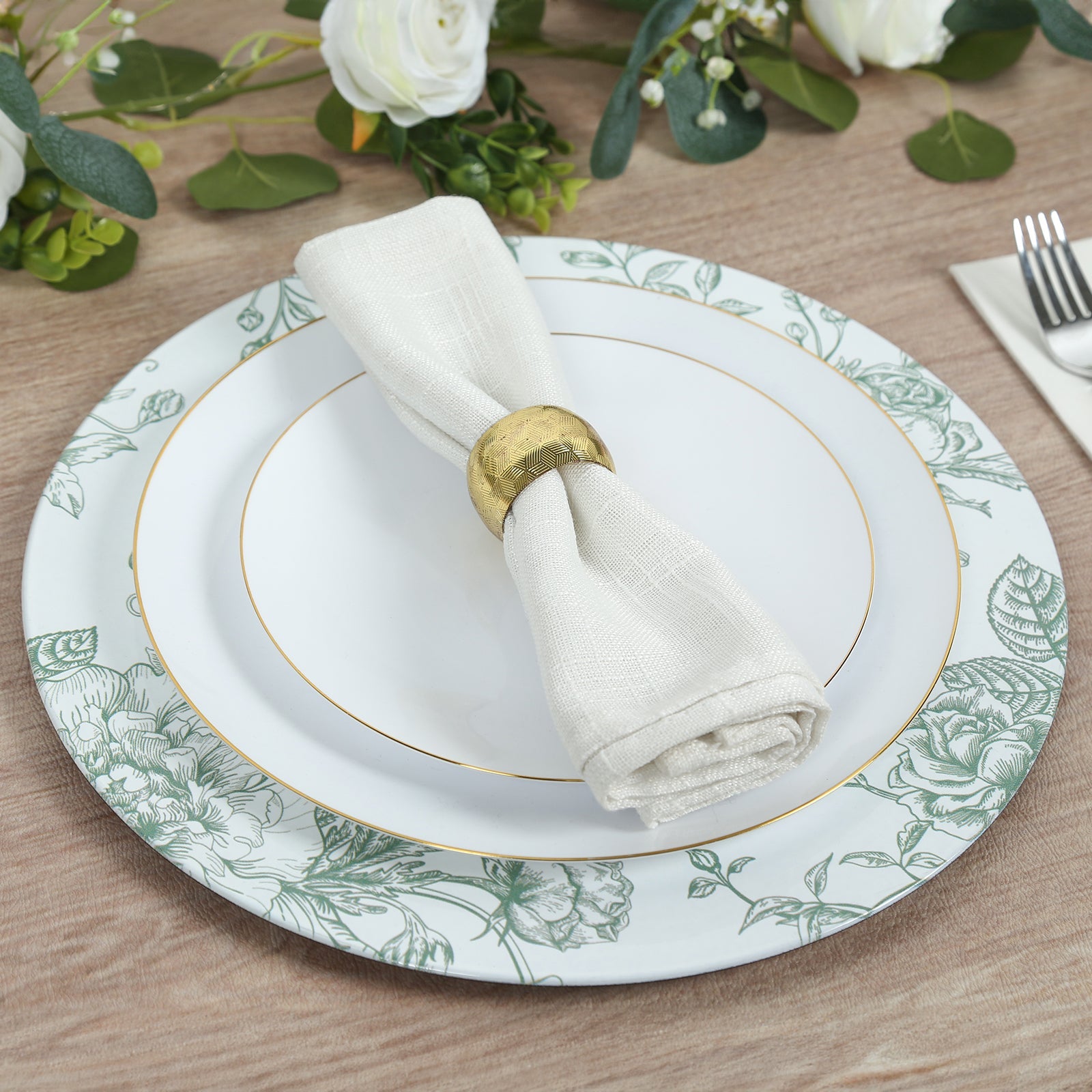 6 Pack Round Floral Acrylic Charger Plates in French Toile Pattern, 13 White Sage Green Dinner Charger Event Tabletop Decor