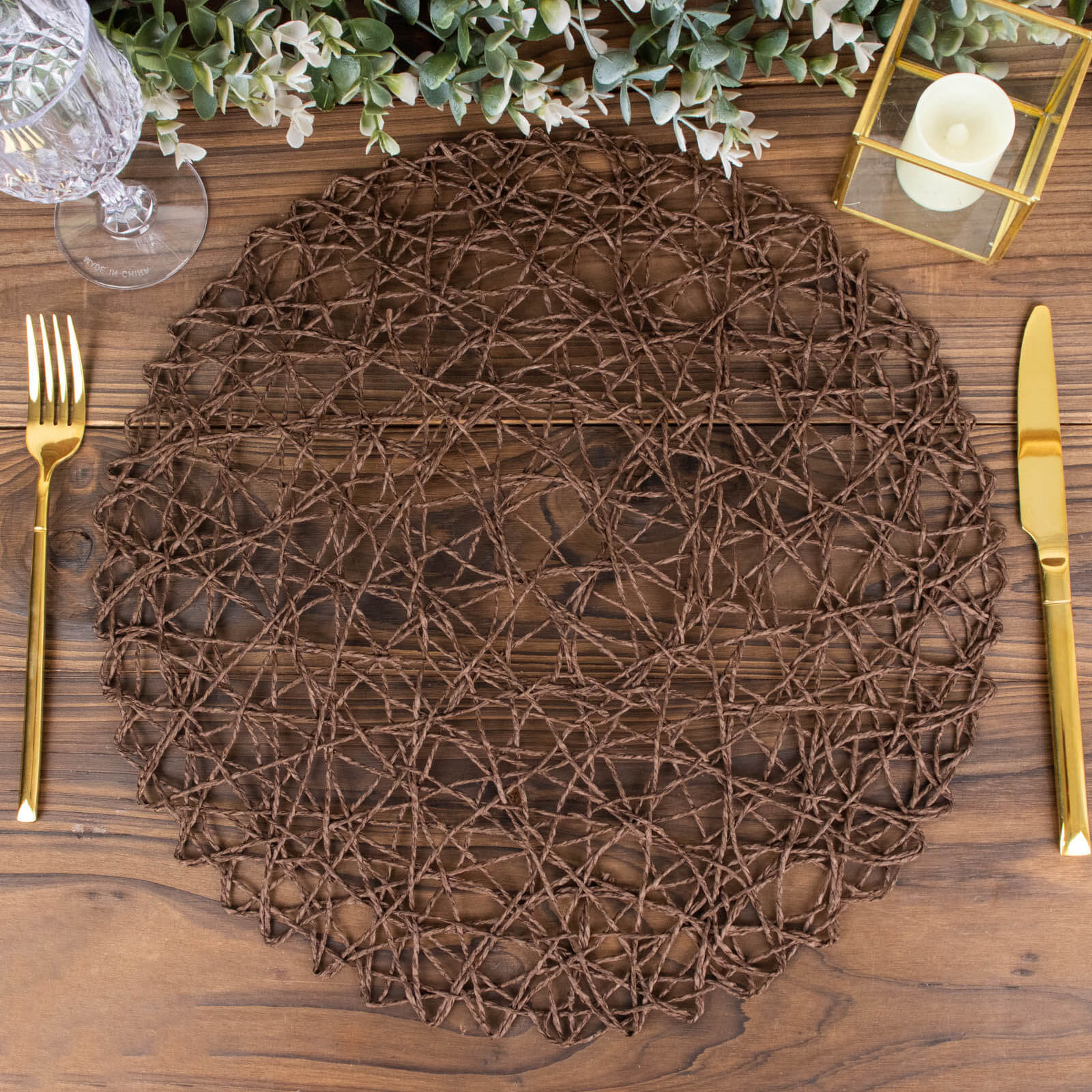 6-Pack Table Placemats Woven Fiber Design Dark Brown Round - Disposable Mats for Dining and Events 15