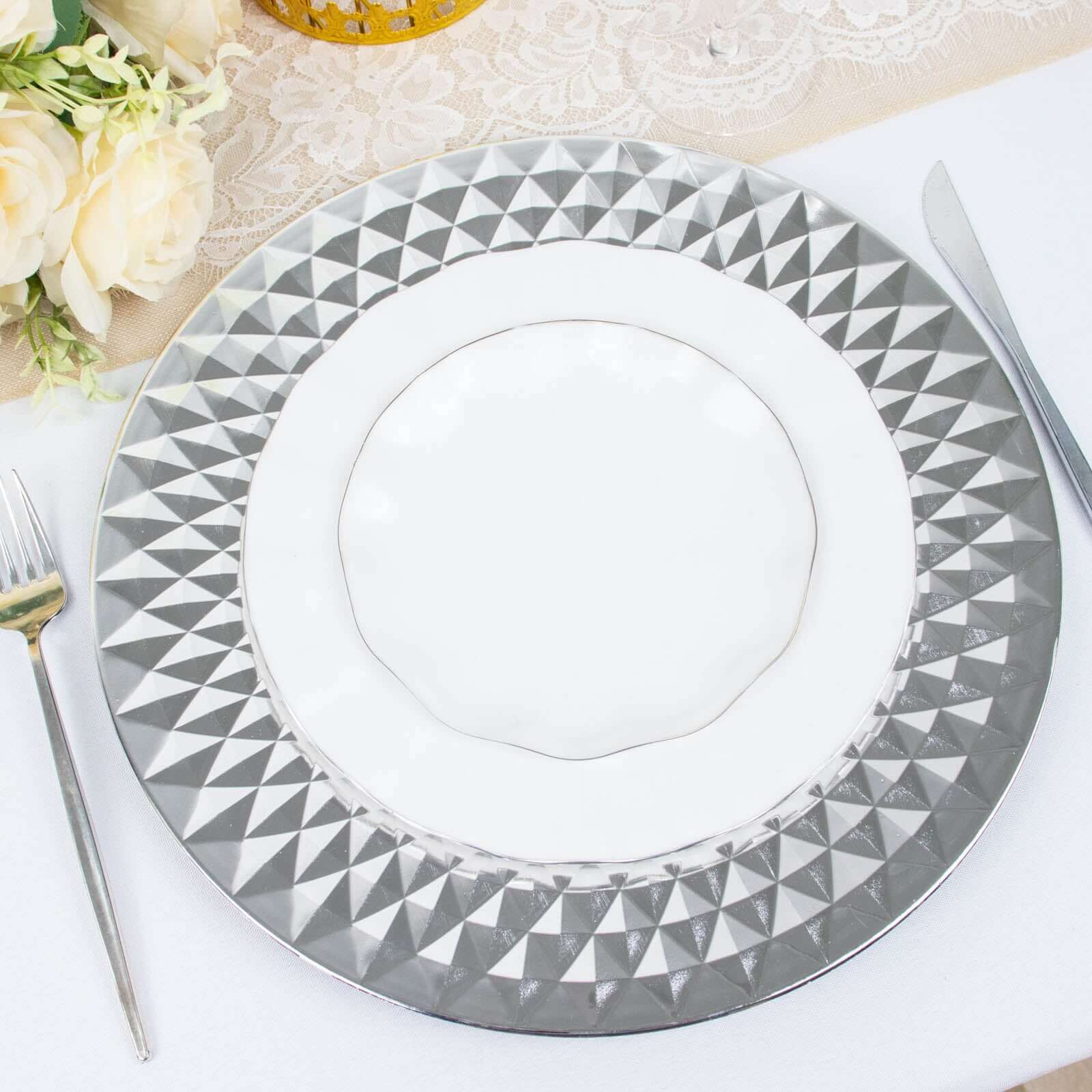 6-Pack Plastic Round Charger Plates 13 in Silver with Diamond Pattern, Sparkling Disposable Dinner Charger Tableware