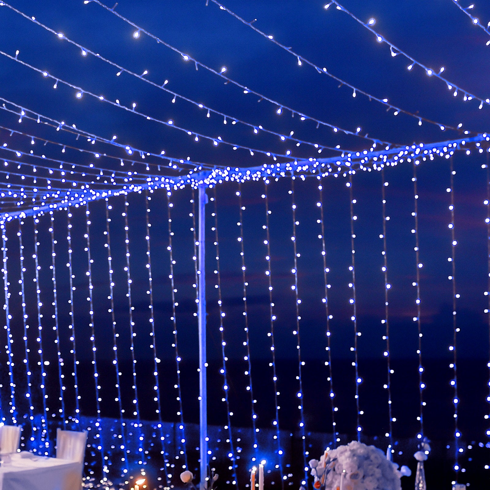 Blue 600 LED Twinkle Fairy Lights with 8 Modes, Plug In Connectable Curtain String Lights - 10ftx20ft