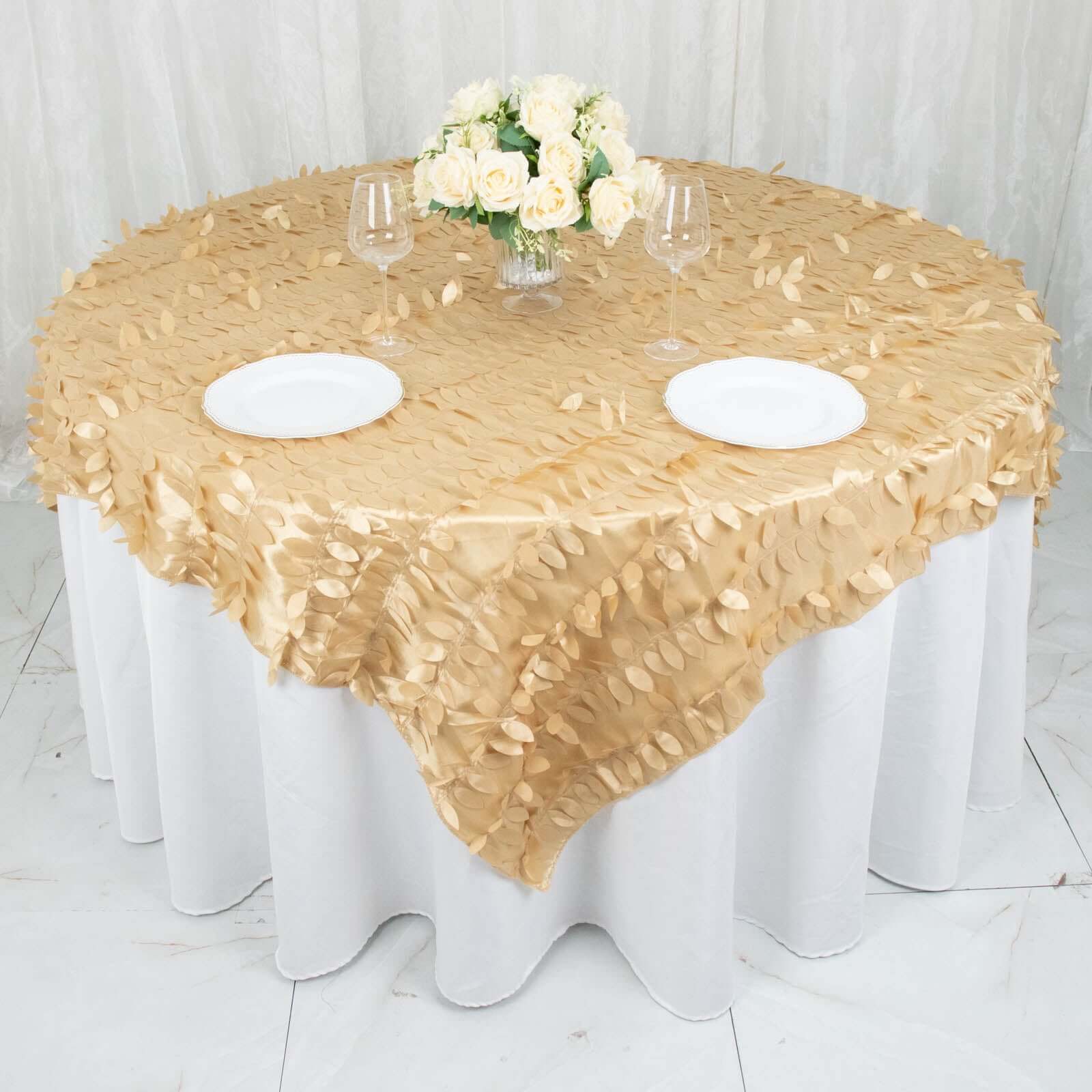 Taffeta 72x72 Table Overlay Square Tablecloth Champagne - 3D Leaf Petal Table Cover