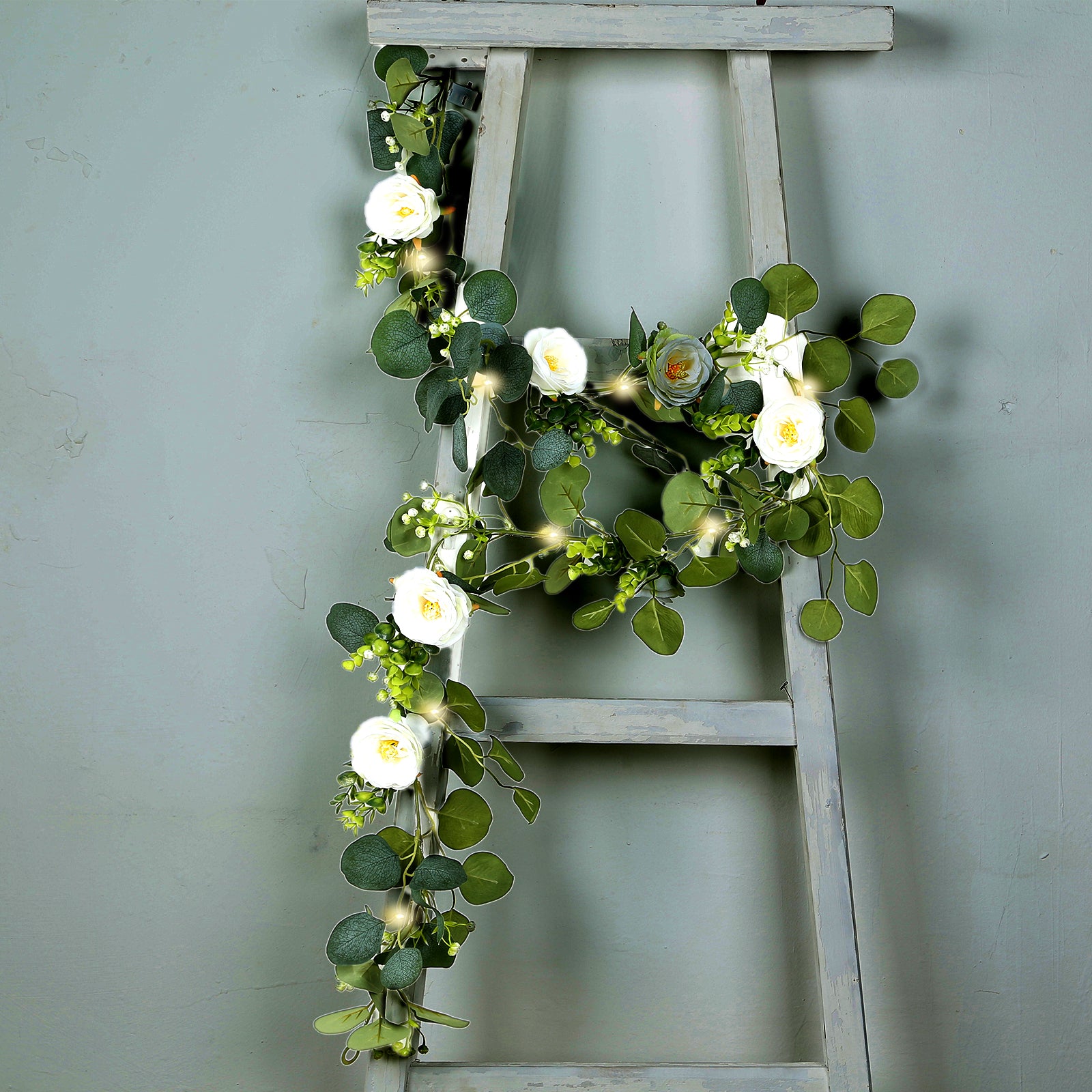 Lighted Greenery Garland with Eucalyptus & Peonies, 5.5ft Battery-Powered Greenery for Fireplace, Table & Event Styling