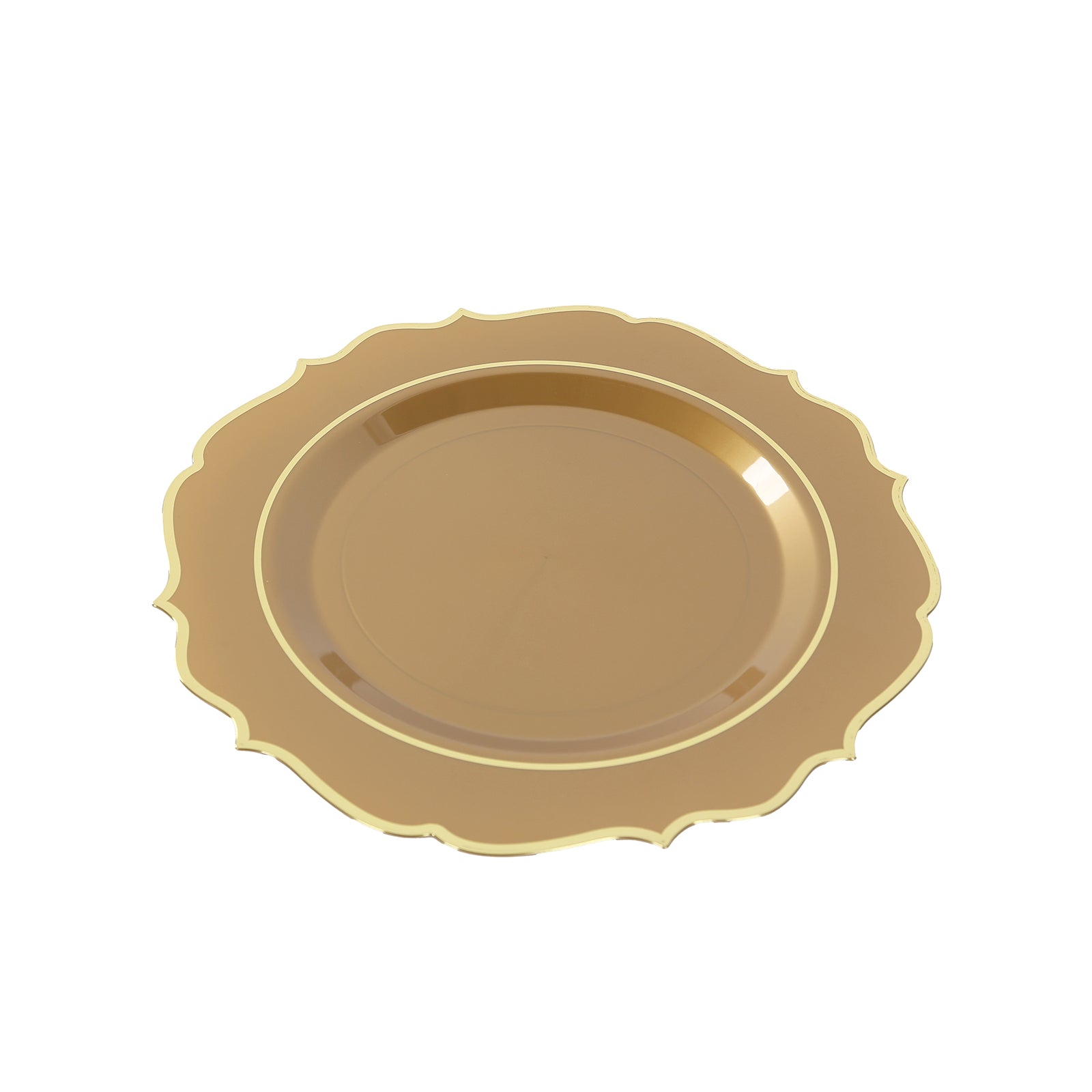 10-Pack Economy Plastic Round Charger Plates 13 in Gold with Scalloped Rim, Decorative Dinner Party Serving Plates