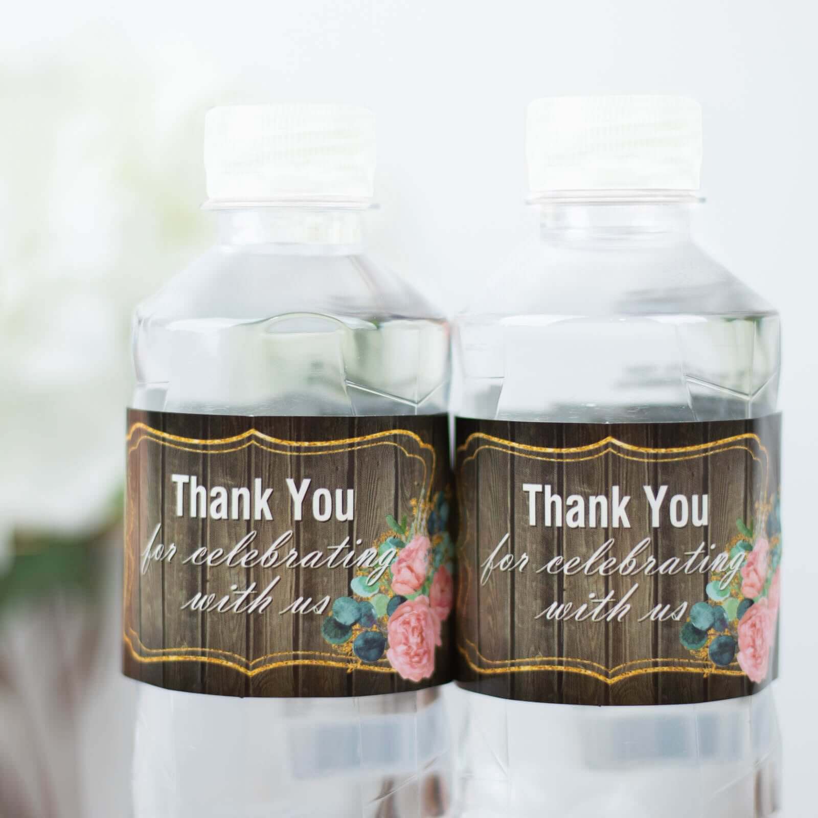 24 Pack Rustic Water Bottle Labels Wood Print with Gold Floral Frame Thank You Waterproof Bottle Stickers