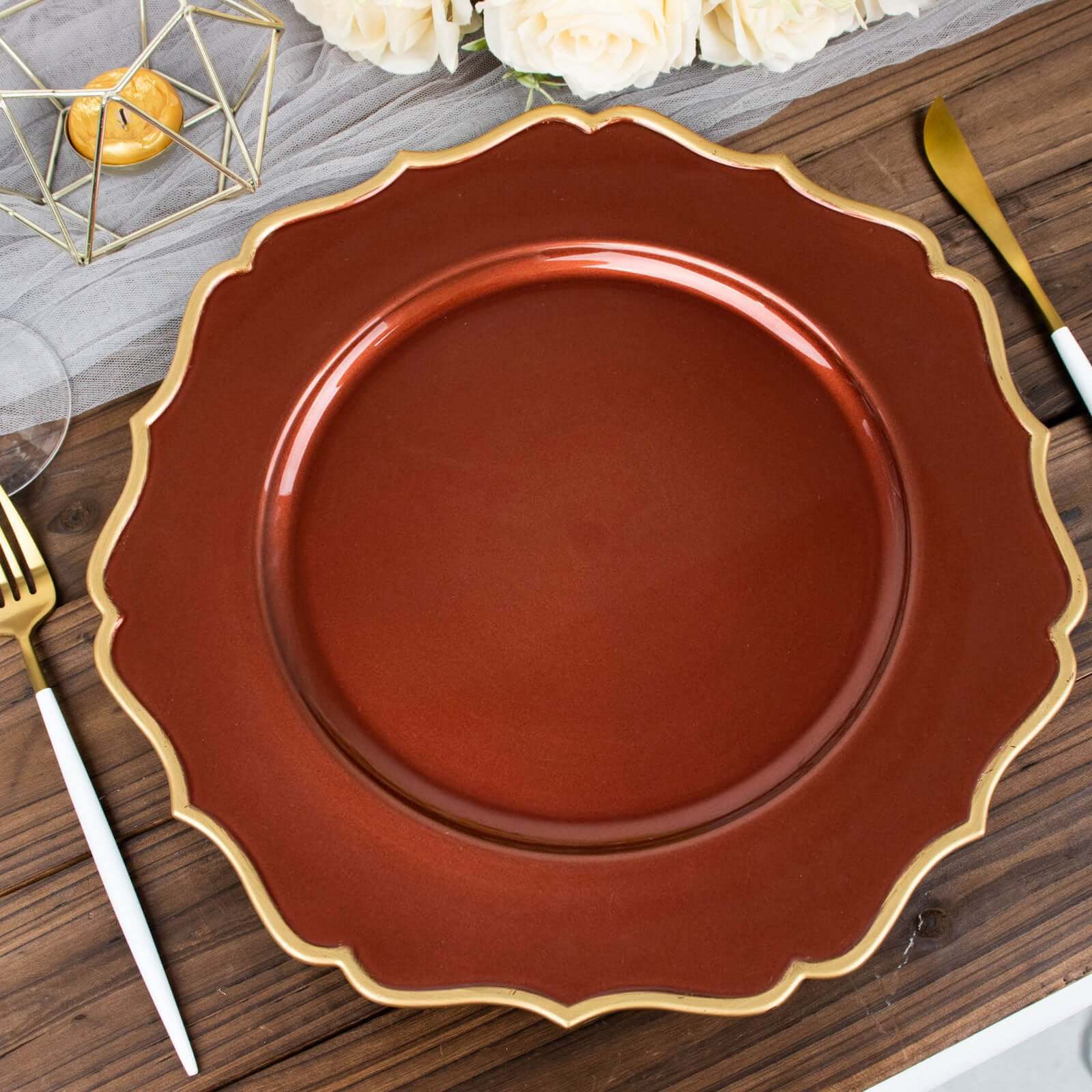 6-Pack Acrylic Round Charger Plates 13 in Terracotta (Rust) with Gold Scalloped Rim, Decorative Dinner Party Plastic Charger Tableware