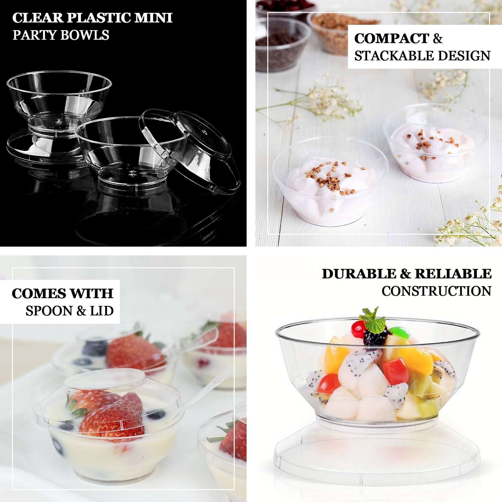 24-Pack Plastic Mini Party Bowl Set Clear with Lid and Spoon - Ideal for Desserts 3.5oz