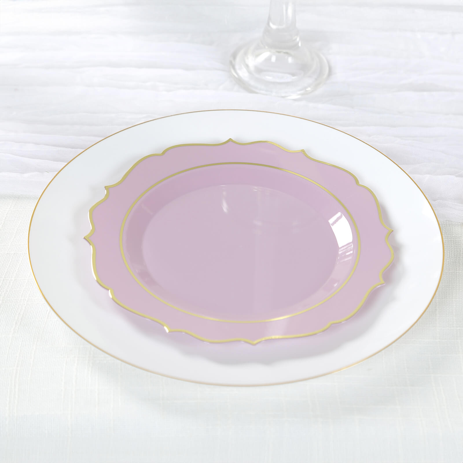 10-Pack Plastic 8 Round Desert Plates in Lavender Lilac with Gold Scalloped Rim - Disposable Appetizer/Salad Plates