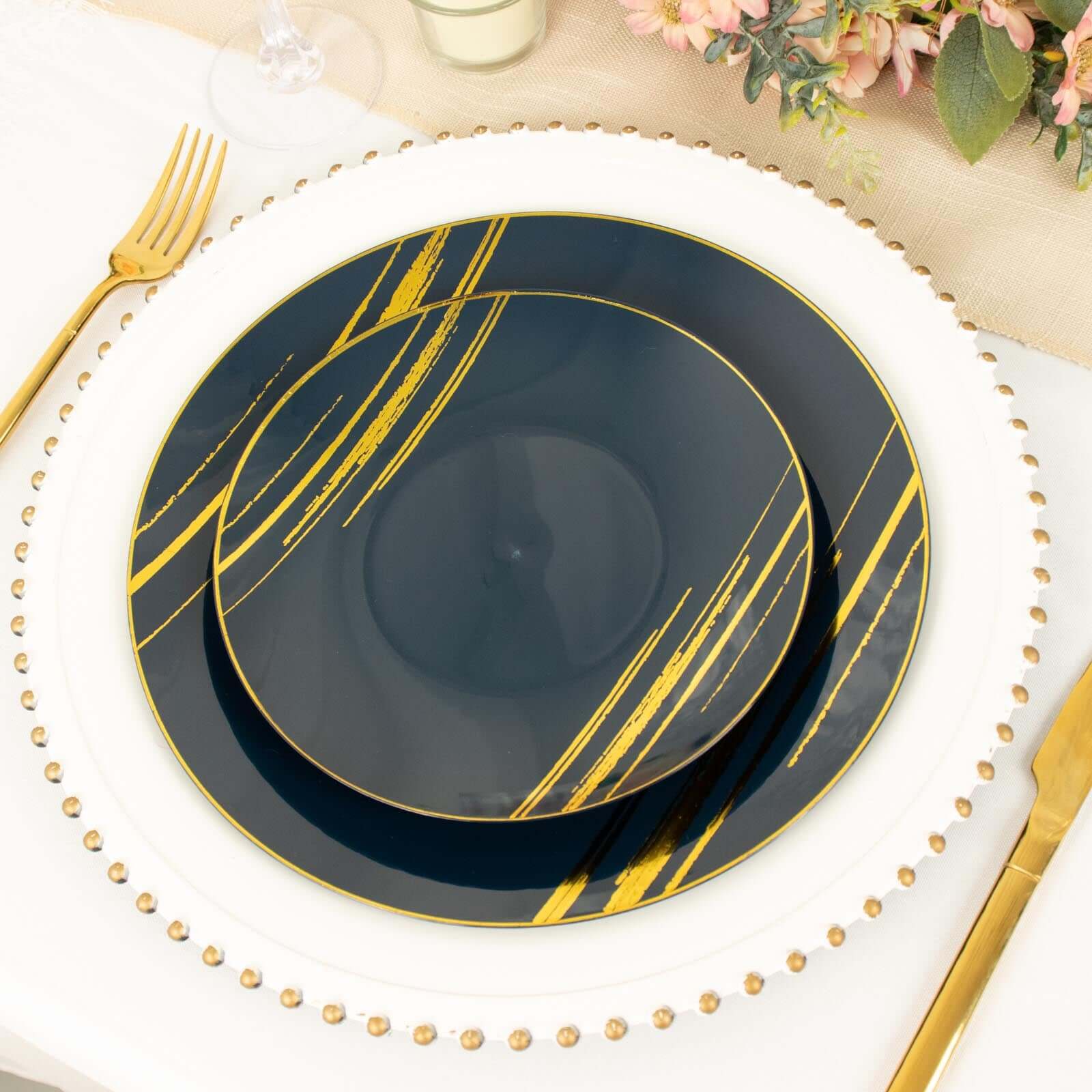 10-Pack Plastic 7 Round Dessert Plates in Navy Blue with Gold Brush Stroked Print - Disposable Appetizer Salad Plates