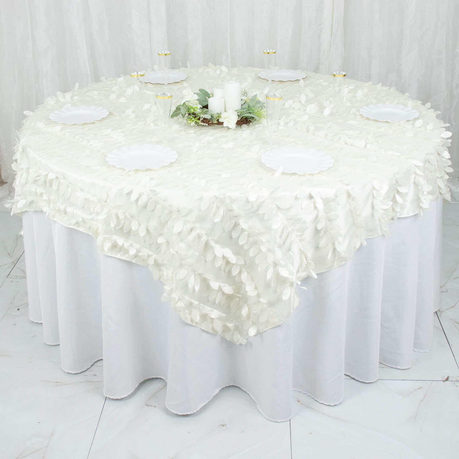 Taffeta 72x72 Table Overlay Square Tablecloth Ivory - 3D Leaf Petal Table Cover