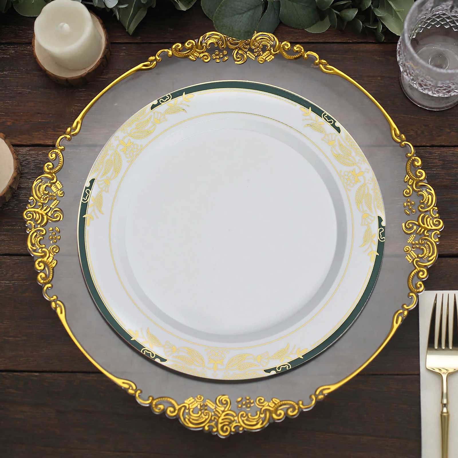 10-Pack Plastic 10 Round Dinner Plates in White with Hunter Emerald Green Rim - Stylish Gold Vine Design Disposable Party Plates for Special Occasions & Celebrations