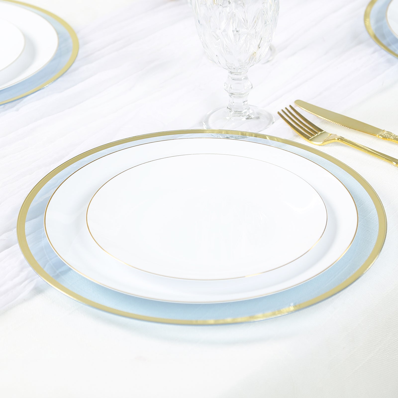 10-Pack Economy Plastic Round Charger Plates 12 in Transparent Dusty Blue with Wide Gold Rim, Decorative Dinner Party Serving Plates