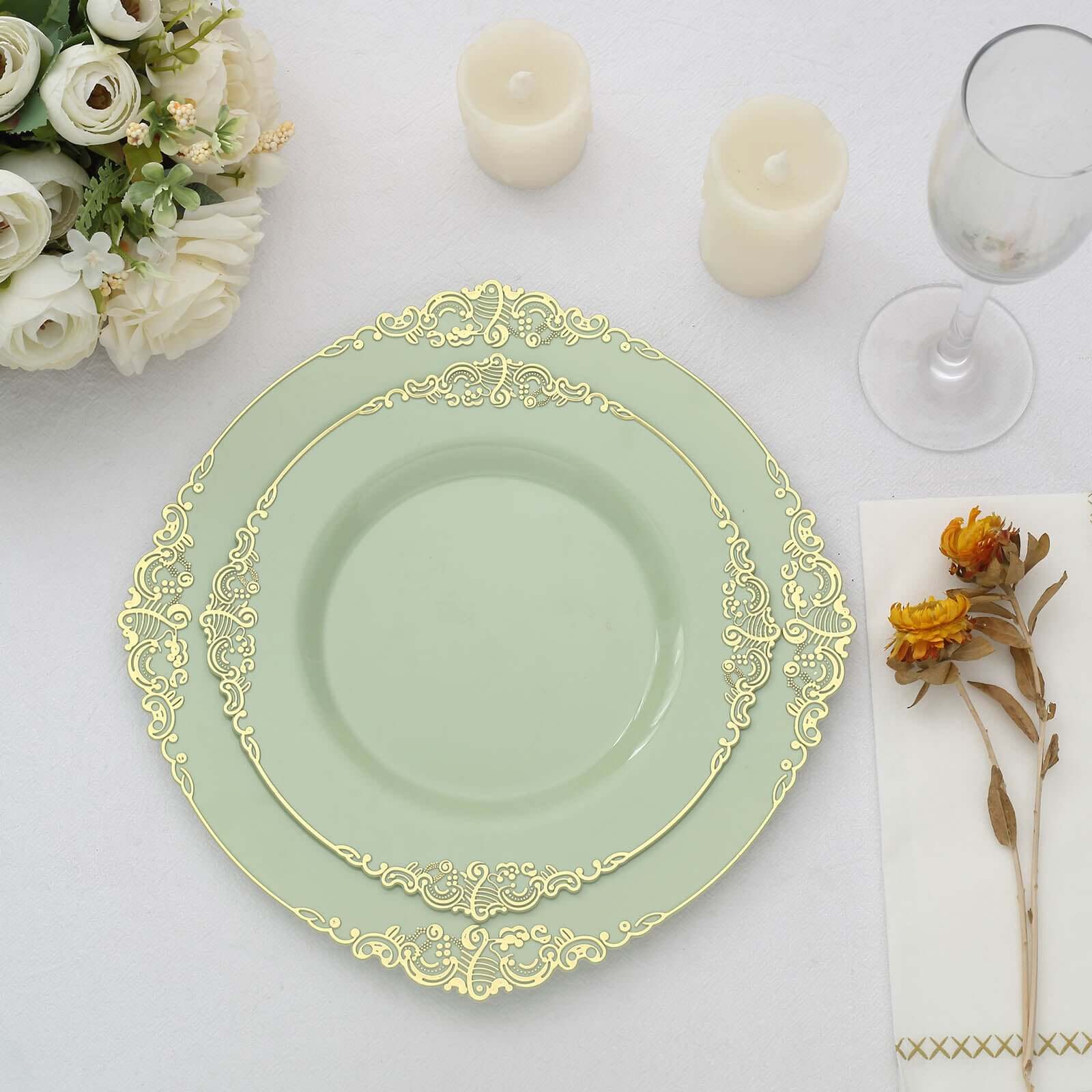 10-Pack Plastic 8 Round Dessert Plates in Sage Green with Gold Leaf Embossed Rim - Disposable Vintage Baroque Style Salad Plates