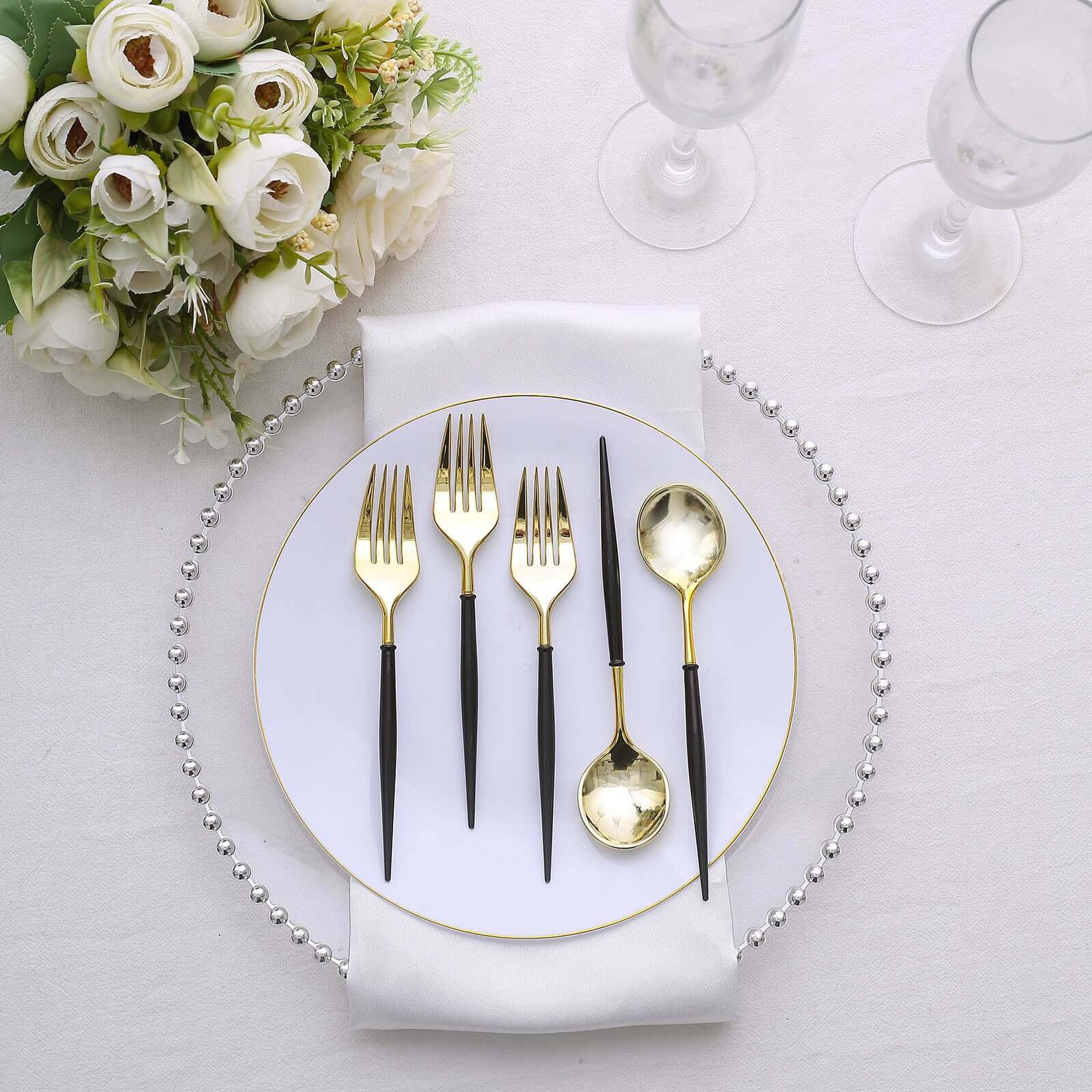 24-Pack Plastic Fork and Spoon Set Gold/Black - Heavy Duty Disposable Modern Utensils 6