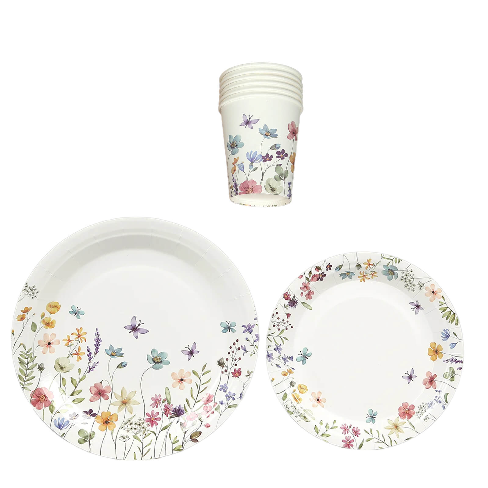 72 Pcs Paper Plates and Cups Set in White with Wildflower Butterfly Print - Disposable Party Supplies for Spring & Garden Themes