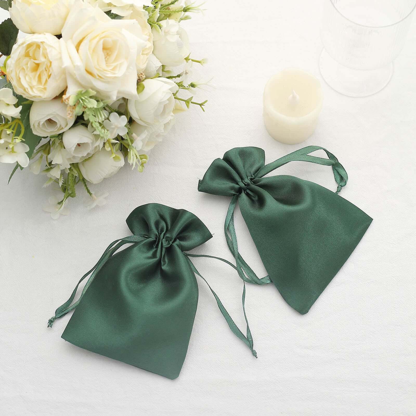 12 Pack 4x6 Hunter Emerald Green Satin Wedding Party Favor Bags, Drawstring Pouch Gift Bags