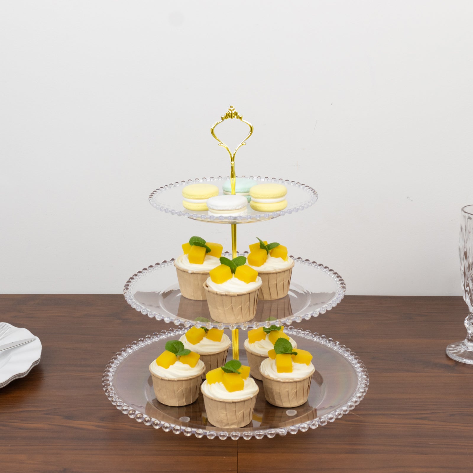 14 Clear 3-Tier Plastic Dessert Display Stand With Beaded Rim, Round Cupcake Tower Tea Party Serving Platter With Top Handle