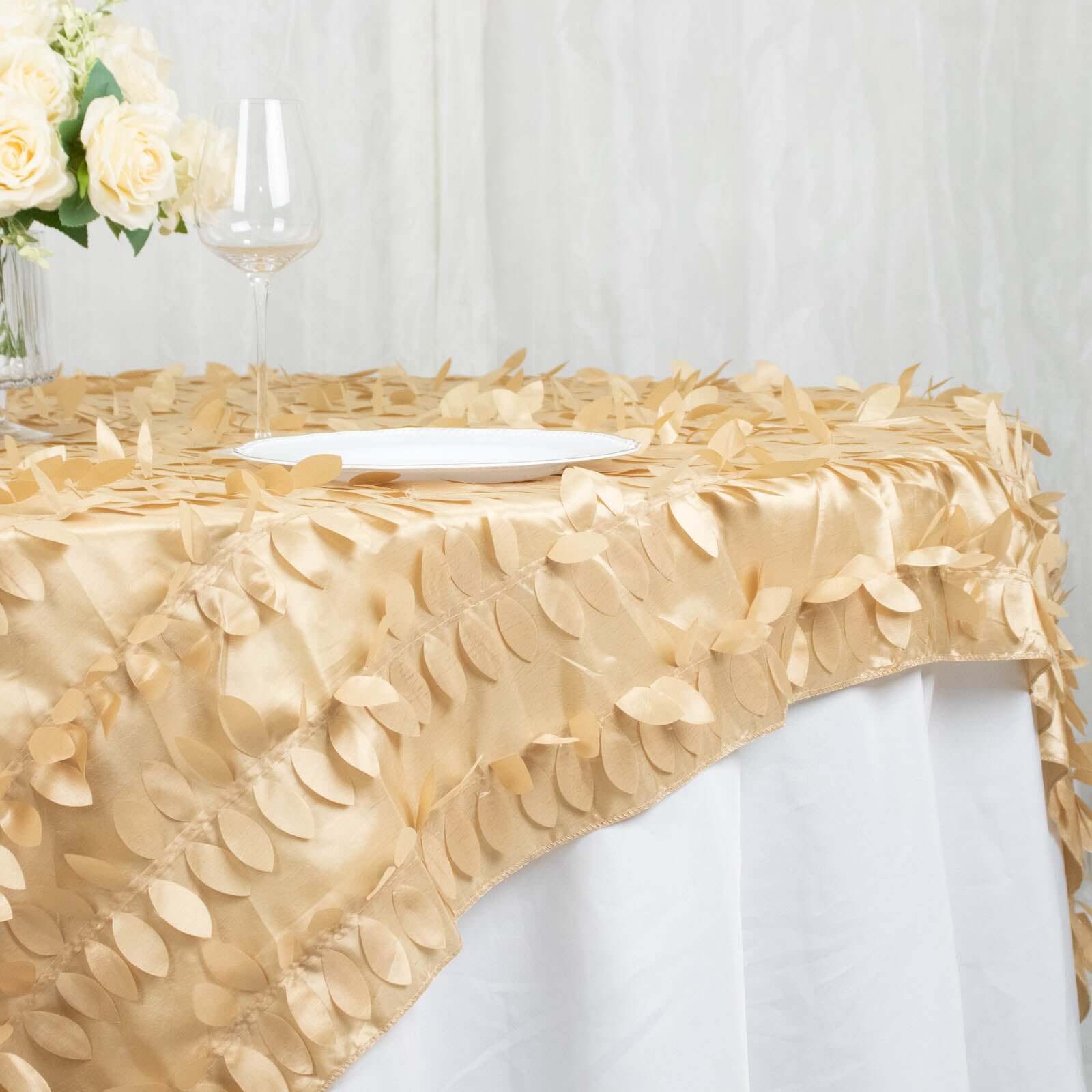 Taffeta 72x72 Table Overlay Square Tablecloth Champagne - 3D Leaf Petal Table Cover