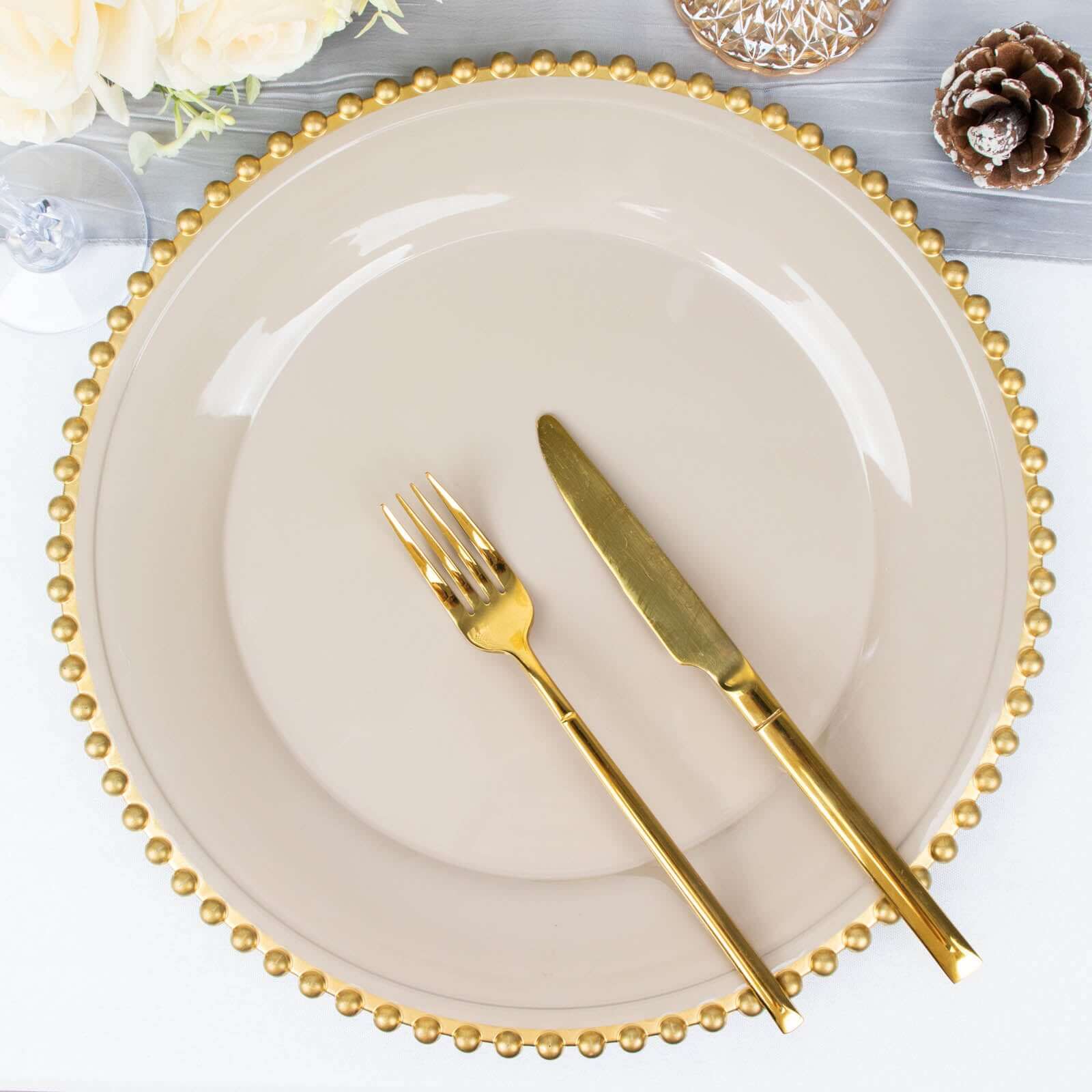 6-Pack Acrylic Round Charger Plates 13 in Taupe with Gold Beaded Rim, Decorative Dinner Party Charger Tableware