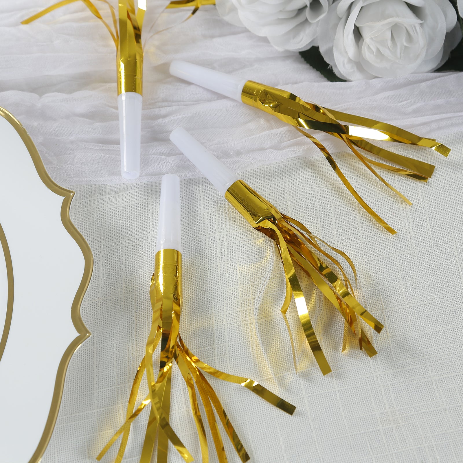 24 Pack Party Horn Noisemakers with Tassels - 7 Gold Metallic Fringed Blowouts for Events and Gatherings - Plastic & Foil Design