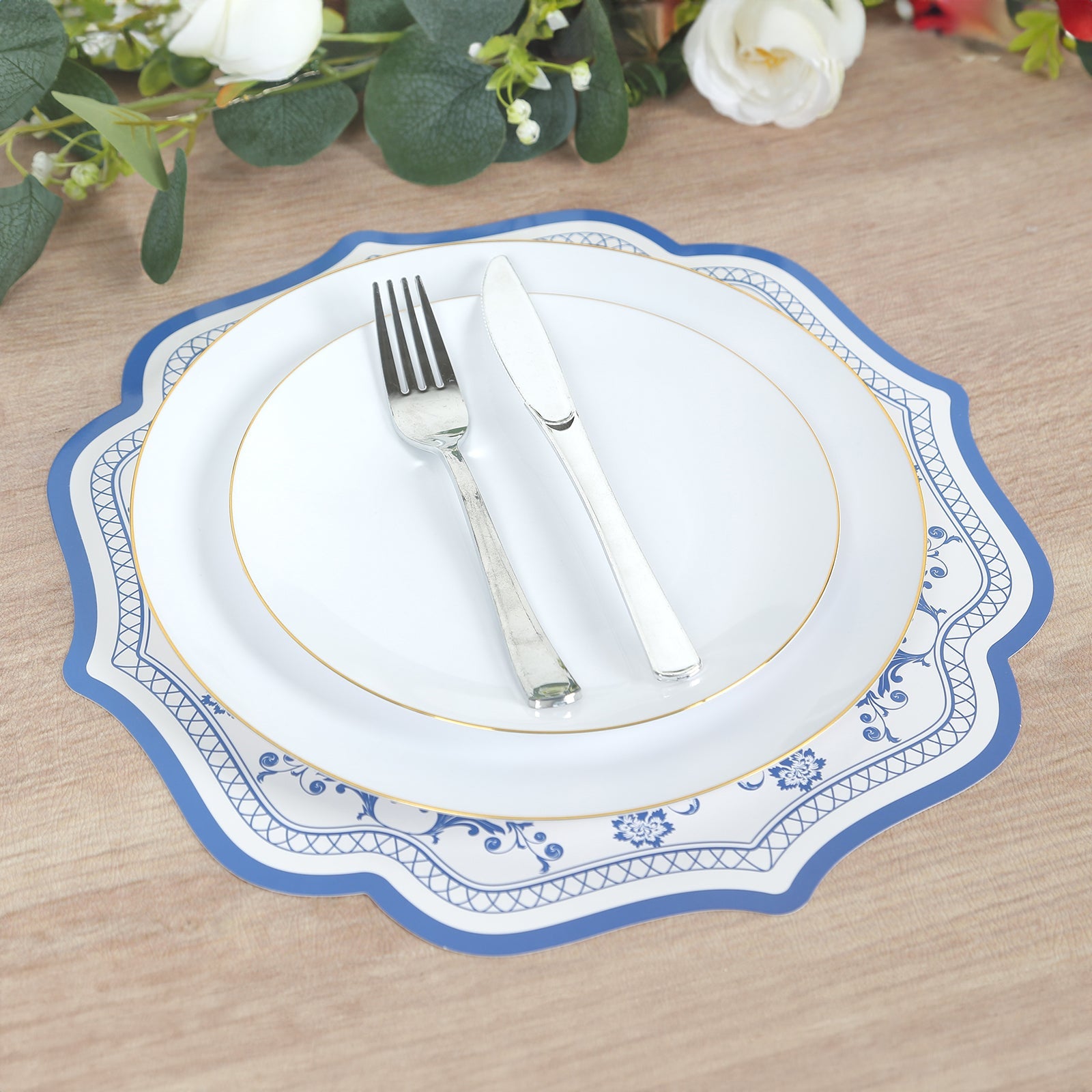 10-Pack Disposable Table Placemats 13 Round Placemats in White with Blue French Toile Pattern & Scalloped Rim - 400GSM Cardboard Placemats for Stylish Table Setting