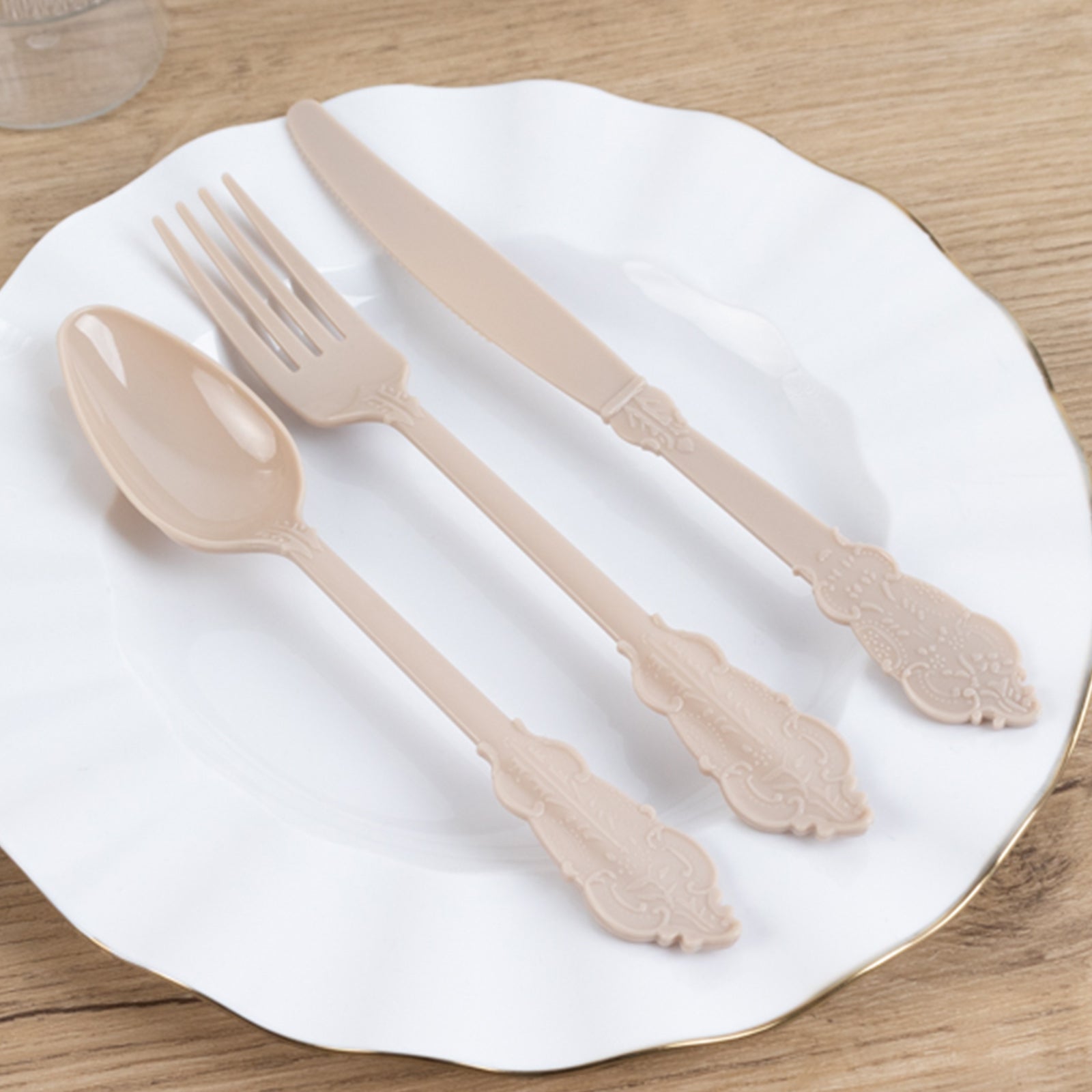 72 Pcs Plastic Silverware Set in Baroque Style Taupe - Heavy Duty Disposable Knife, Fork, and Spoon Set