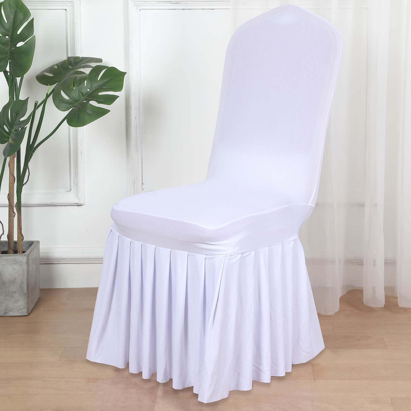 Spandex Chair Cover with Ruffle Pleated Skirt for Banquet Chairs White - Stylish 1-Piece Stretch Fitted Design