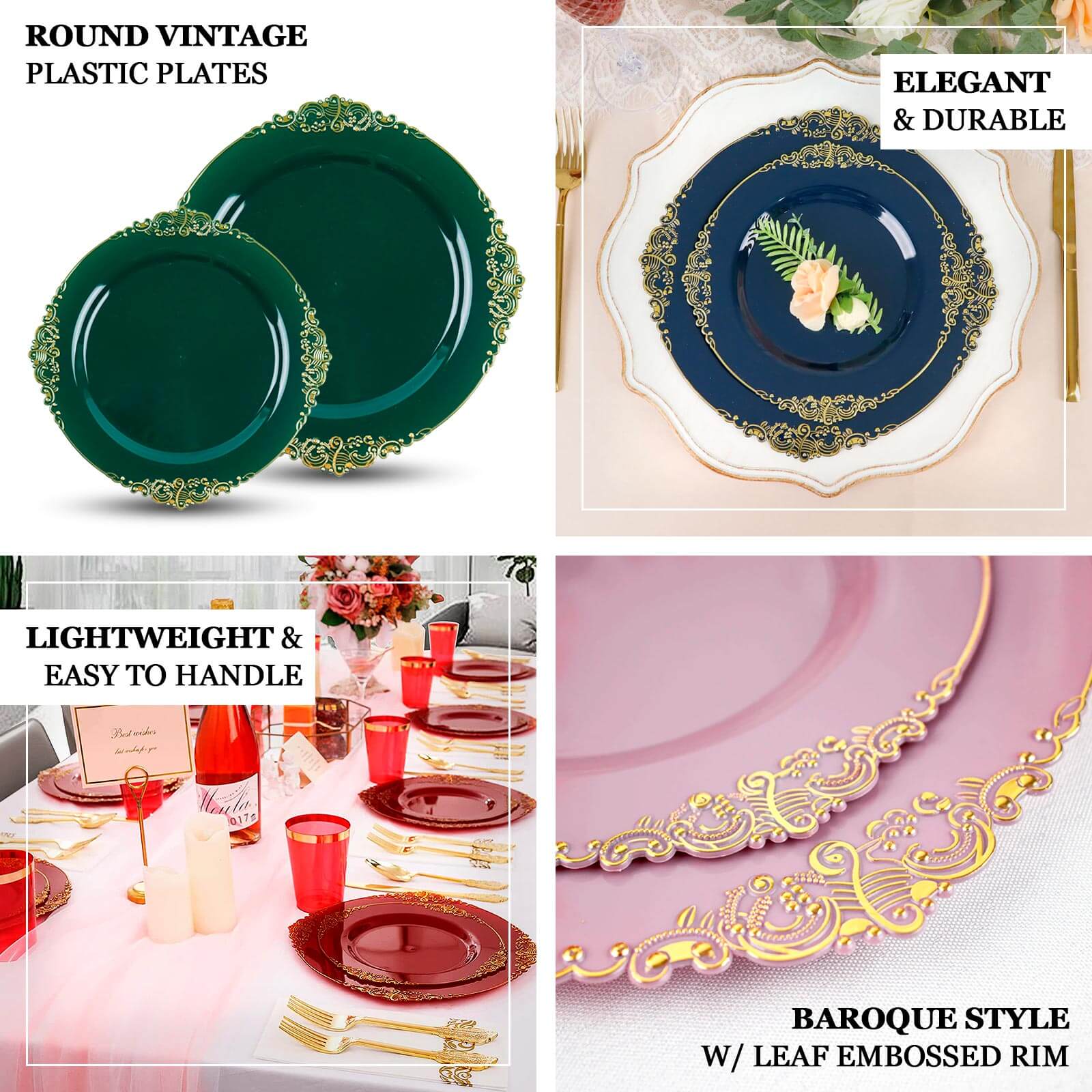 10-Pack Plastic 8 Round Dessert Plates in Gold with Leaf Embossed Rim - Disposable Vintage Baroque Style Salad Plates for Luxurious Gatherings & Events