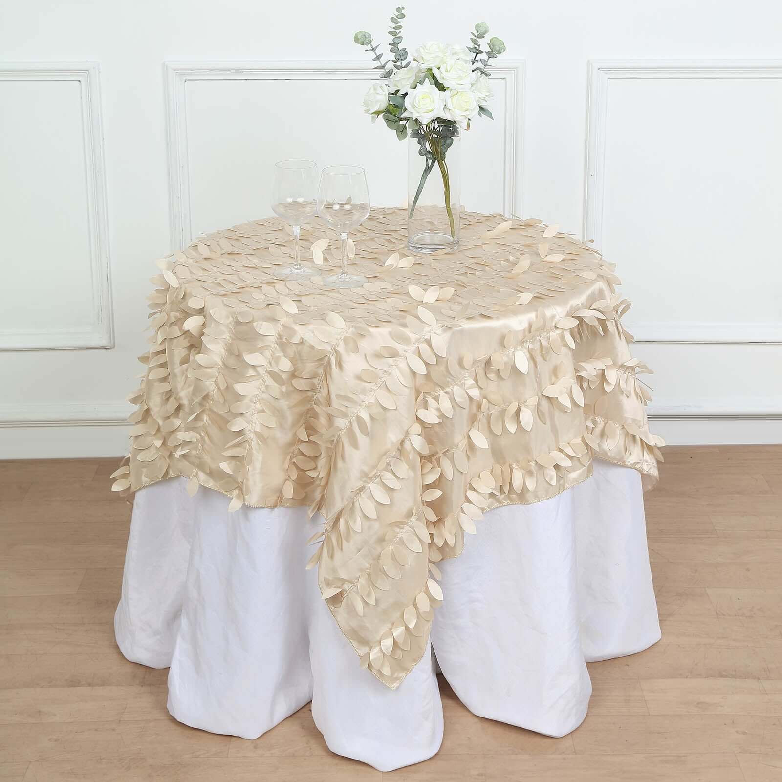 Taffeta 54x54 Table Overlay Square Tablecloth Beige 3D Leaf Petal Table Cover