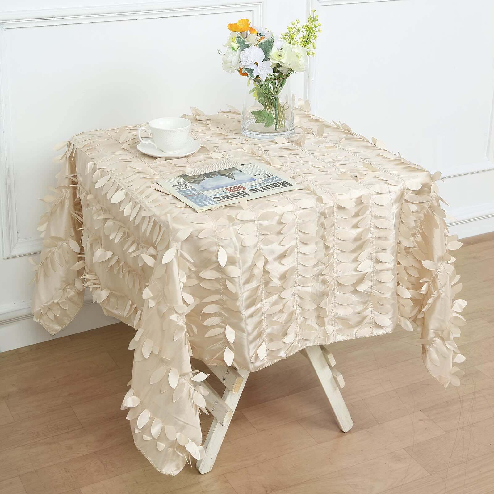 Taffeta 54x54 Square Tablecloth Beige 3D Leaf Petal Table Cover