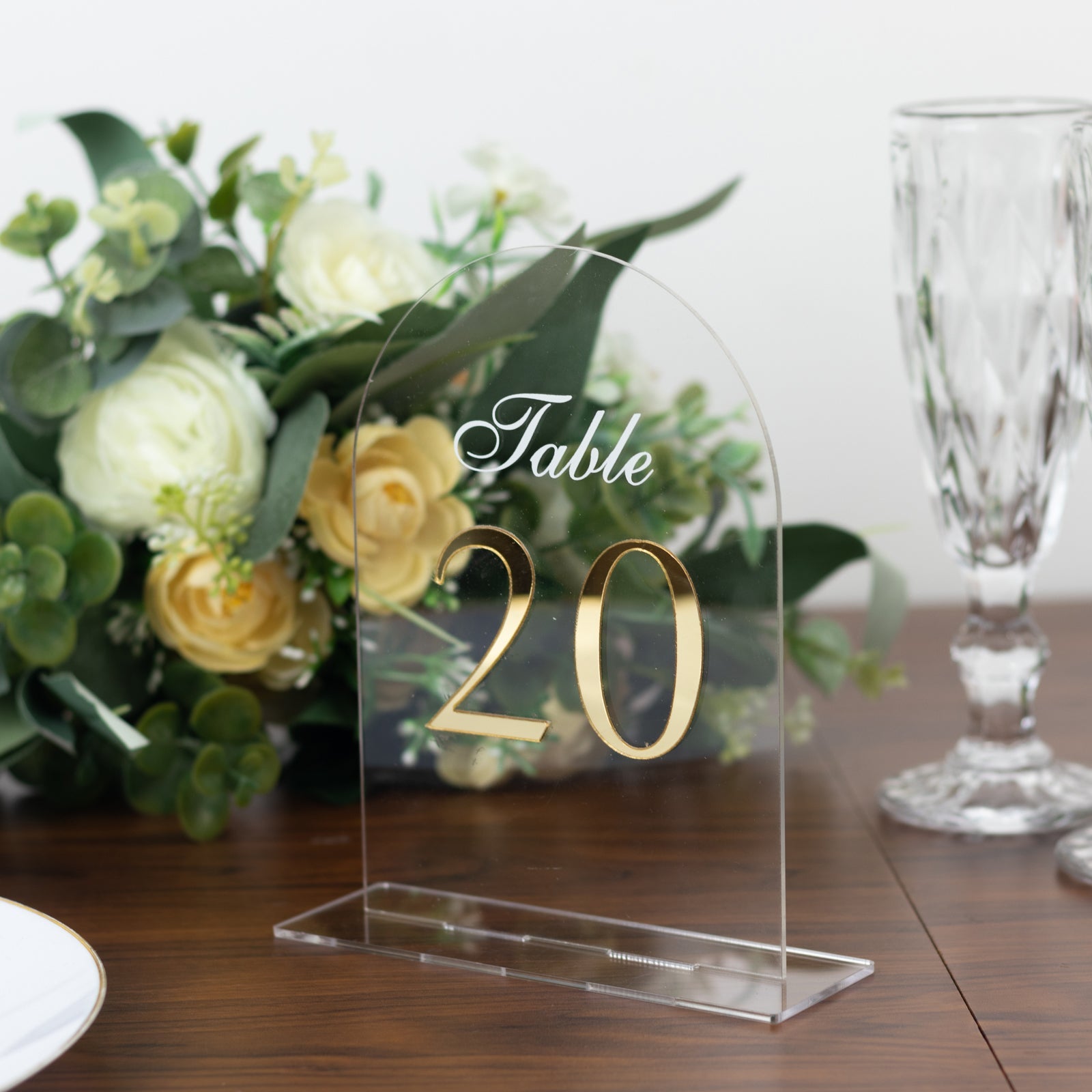 Clear Arch Acrylic Table Numbers (11-20) - 6x7 Wedding Reception Signs with Gold Print & Stands