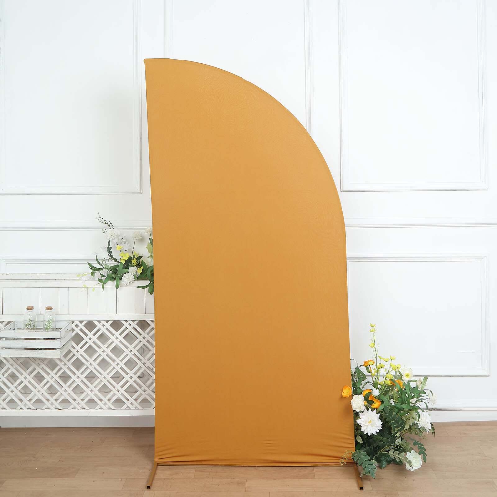 7ft Matte Gold Spandex Half Moon Chiara Backdrop Stand Cover, Custom Fitted Wedding Arch Cover