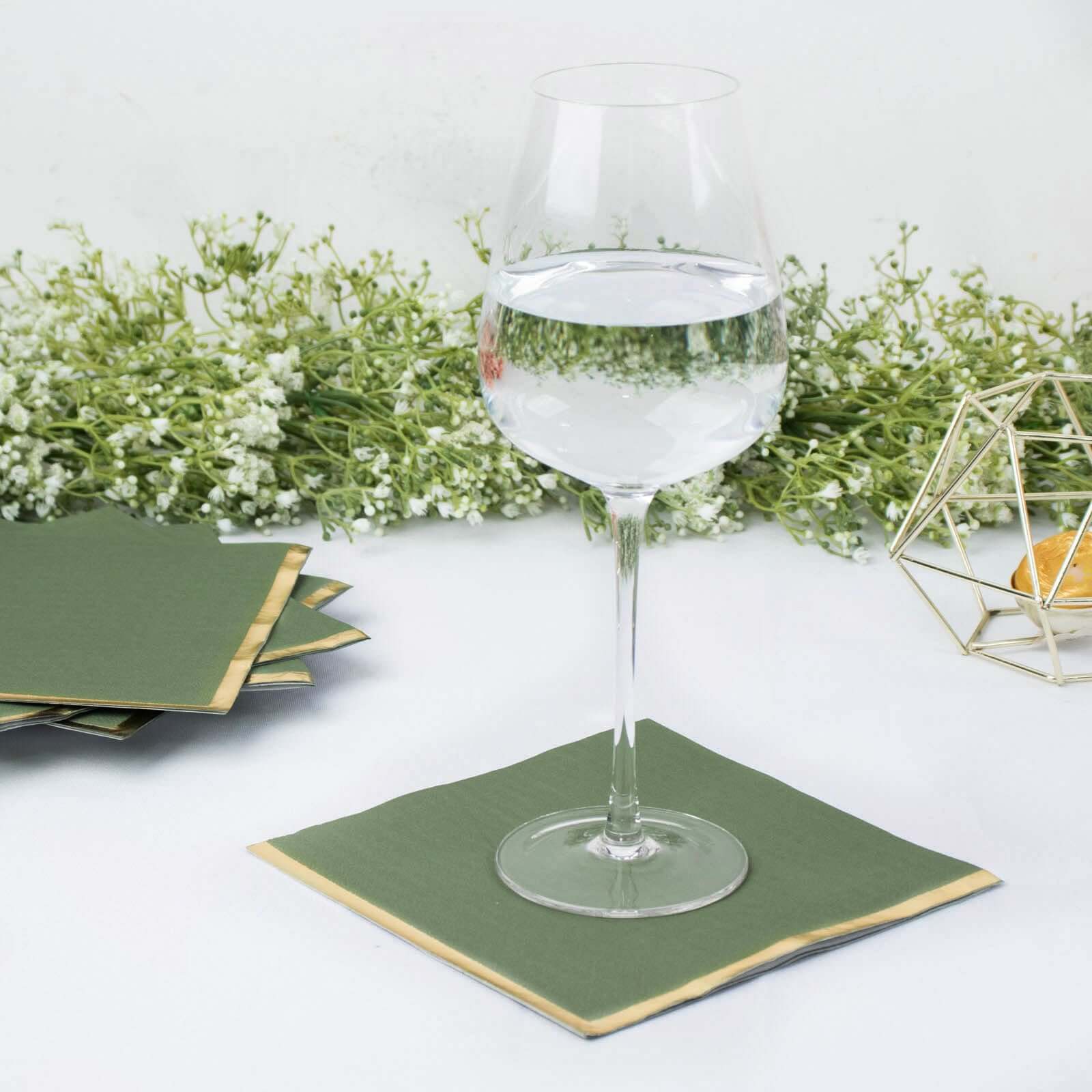 50-Pack Paper Beverage Napkins with Gold Foil Olive Green - Disposable 2 Ply Cocktail Napkins for Events 6.5x6.5