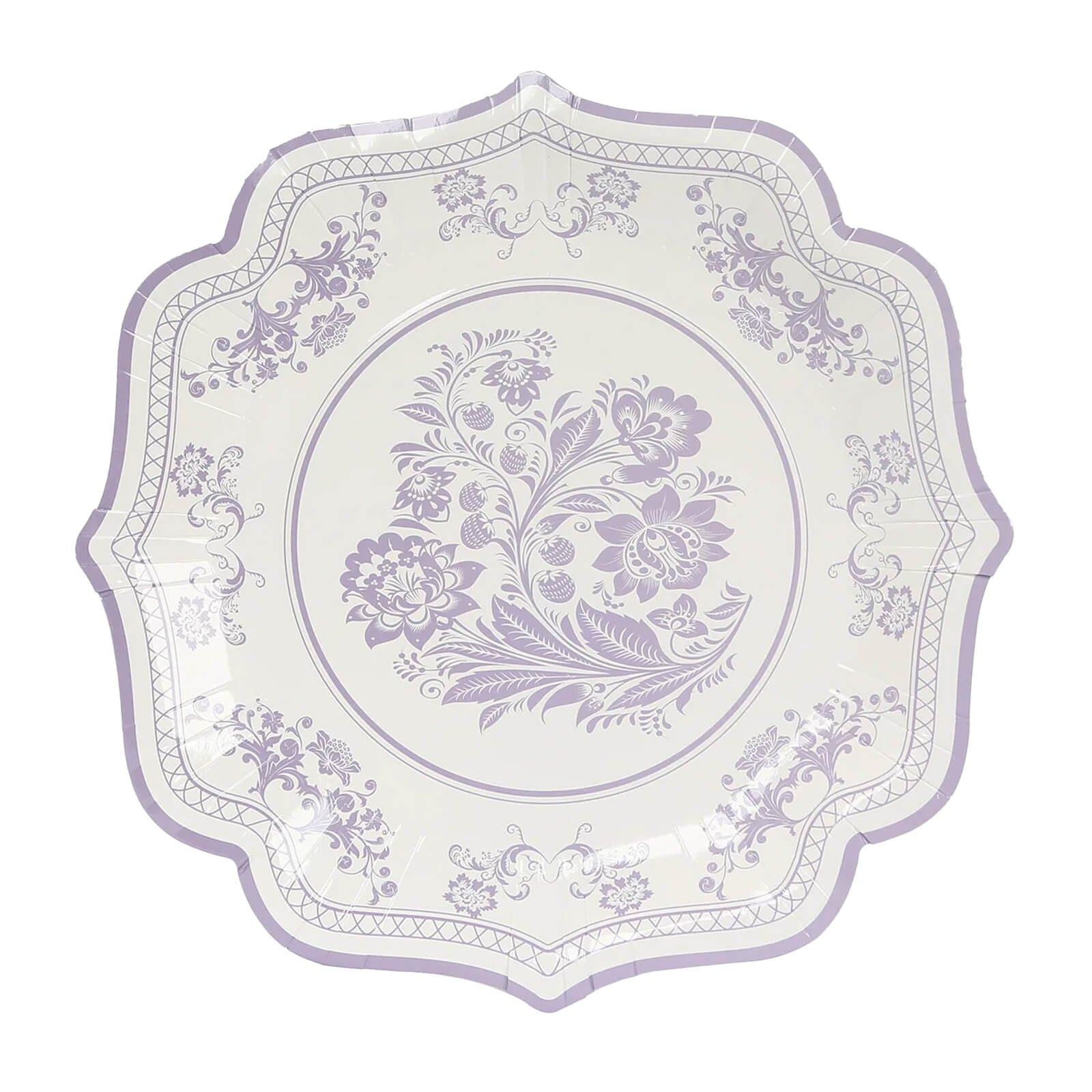 25-Pack Paper Dinner Plates in White with Lavender Lilac French Toile Print & Scallop Rim - Stylish Disposable 300GSM Floral Party Plates 10