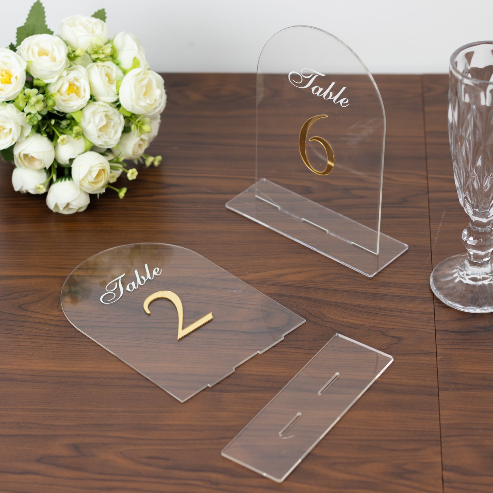 Clear Arch Acrylic Table Numbers (1-10) - 6x7 Wedding Reception Signs with Gold Print & Stands