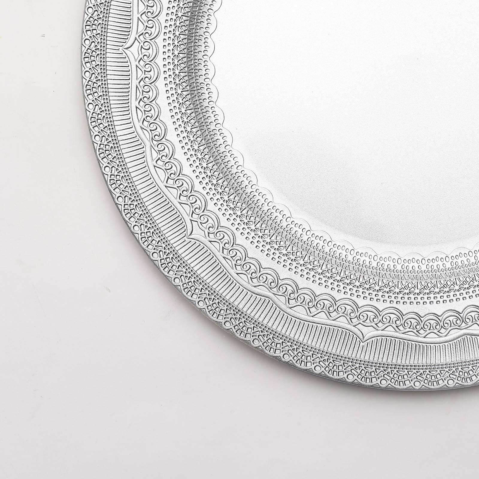 6-Pack Acrylic Round Charger Plates 13 in Silver with Lace Embossed Rim, Rustic Plastic Decorative Charger Tableware