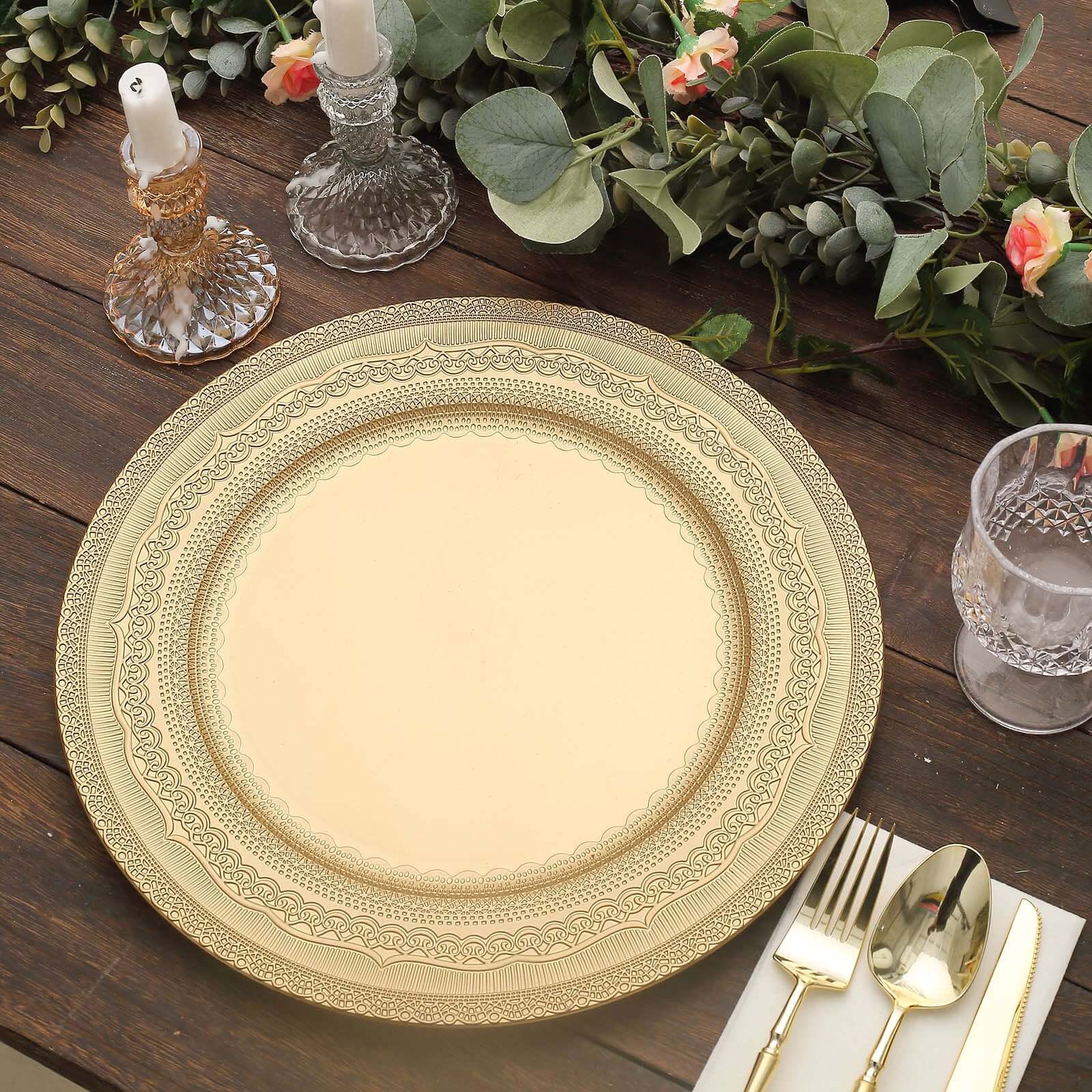 6-Pack Acrylic Round Charger Plates 13 in Gold with Lace Embossed Rim, Rustic Plastic Decorative Charger Tableware