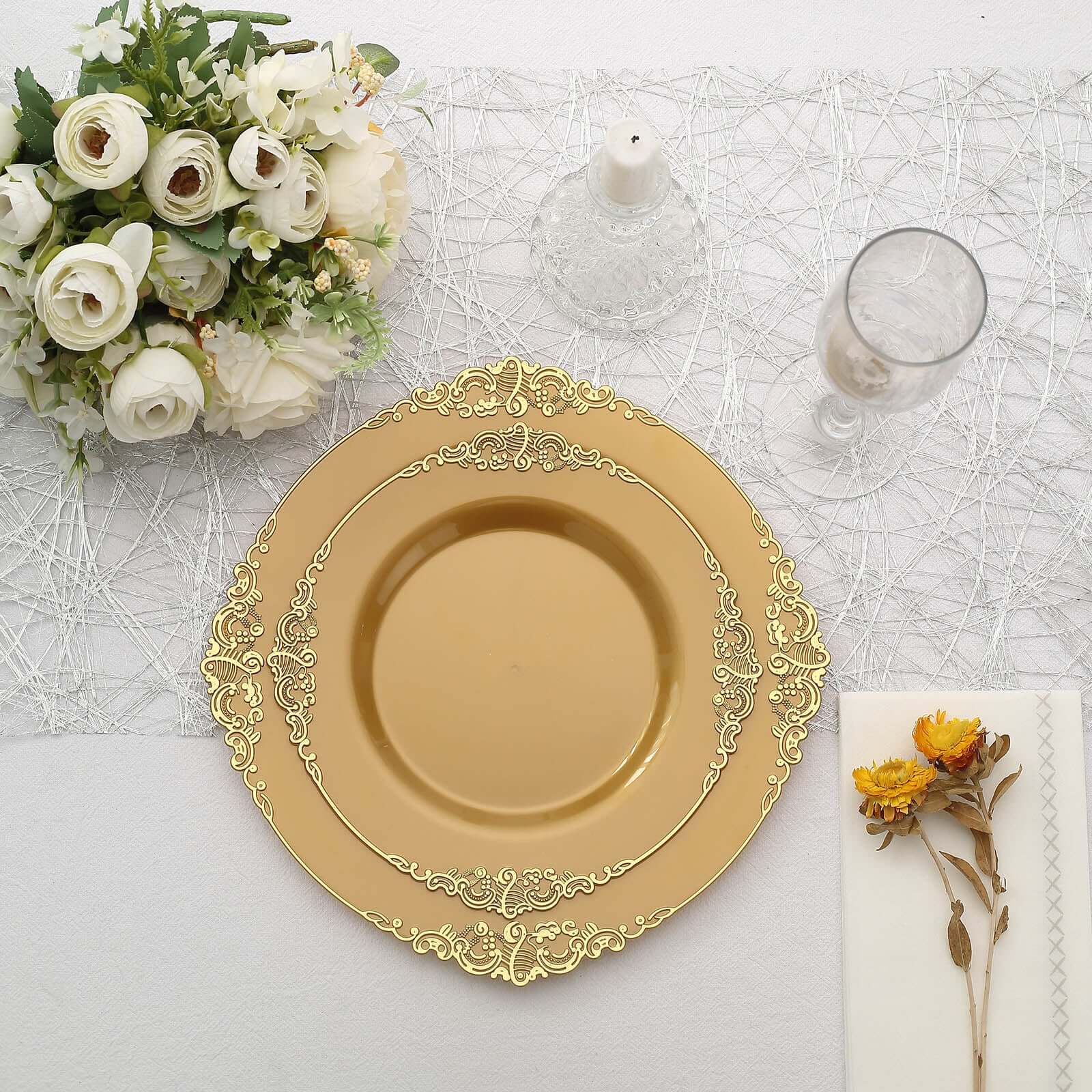 10-Pack Plastic 8 Round Dessert Plates in Gold with Leaf Embossed Rim - Disposable Vintage Baroque Style Salad Plates for Luxurious Gatherings & Events