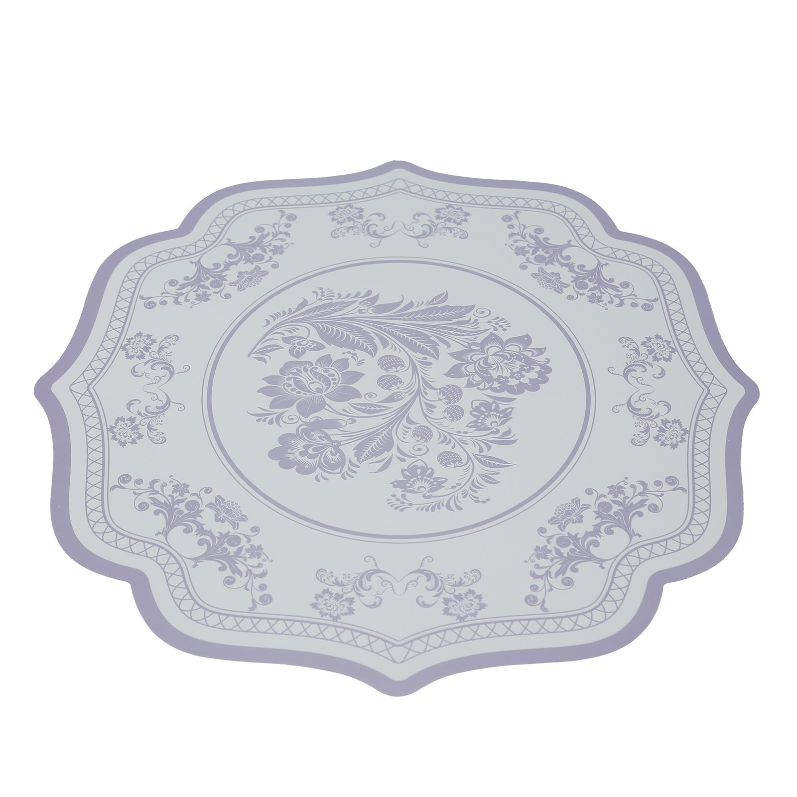 10-Pack Disposable Table Placemats 13 Round Placemats in White with Lavender French Toile Pattern & Scalloped Rim - 400GSM Cardboard Placemats for Stylish Table Setting