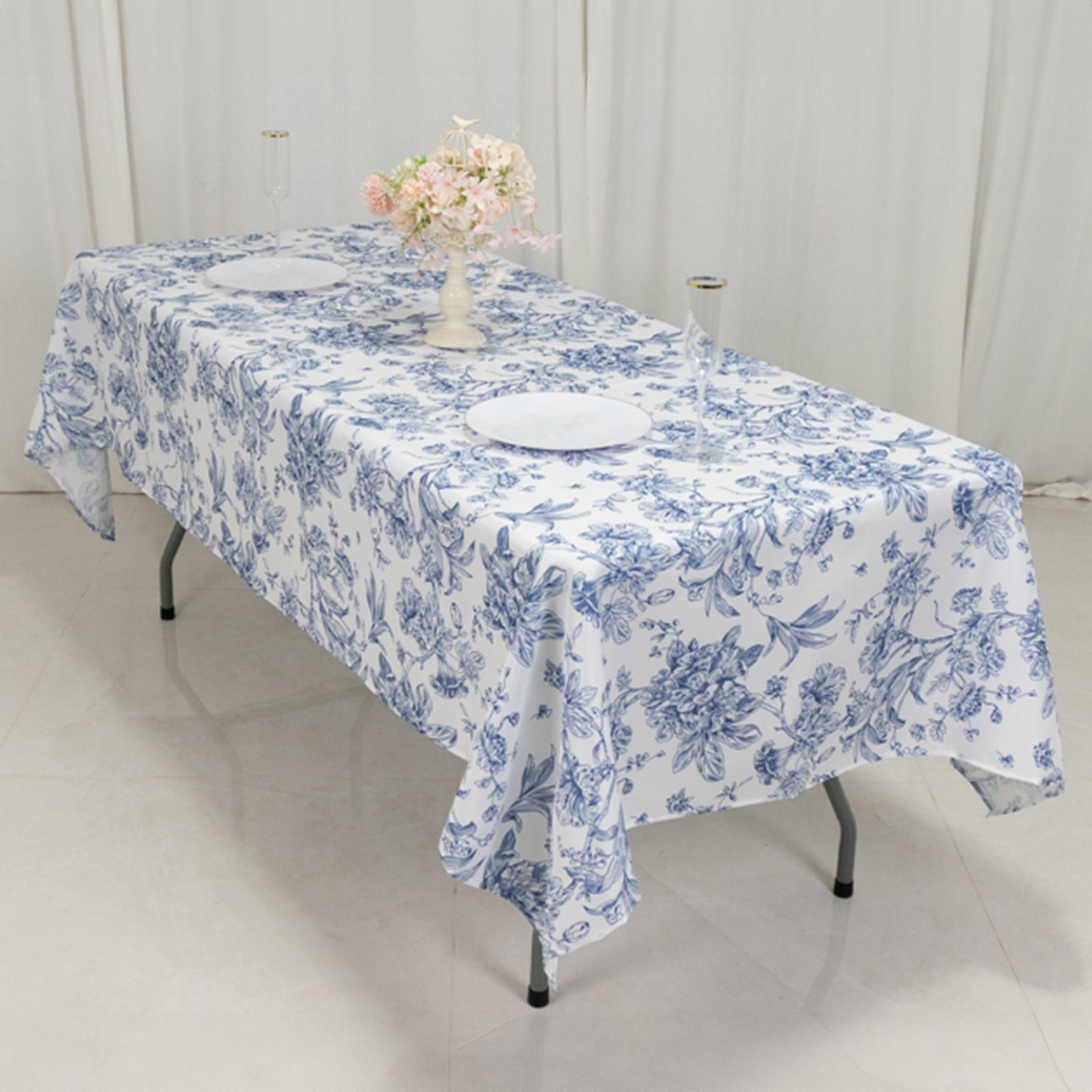 Polyester 60x102 Rectangle Tablecloth White - Blue French Toile Pattern for Elegant Gatherings