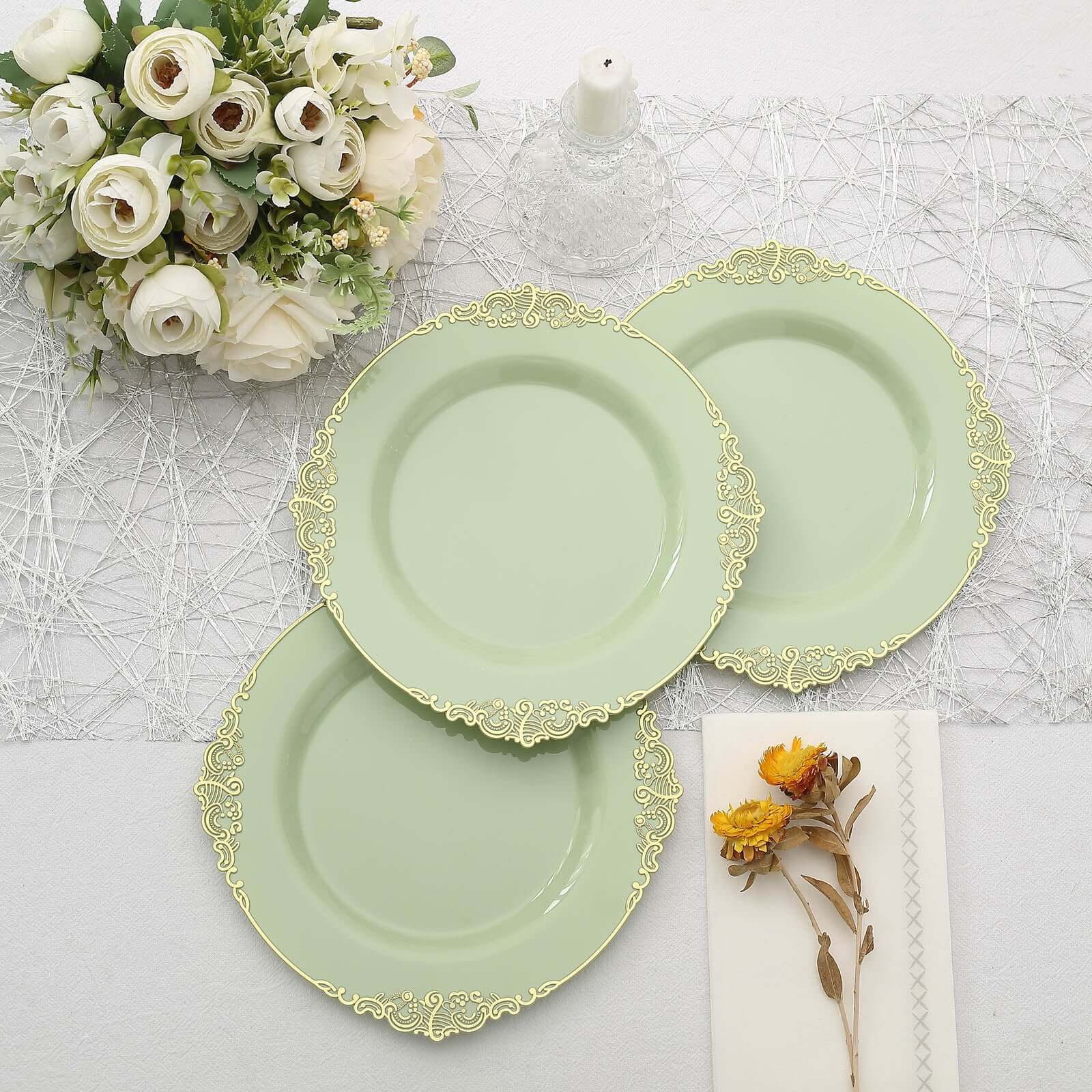 10-Pack Plastic 8 Round Dessert Plates in Sage Green with Gold Leaf Embossed Rim - Disposable Vintage Baroque Style Salad Plates