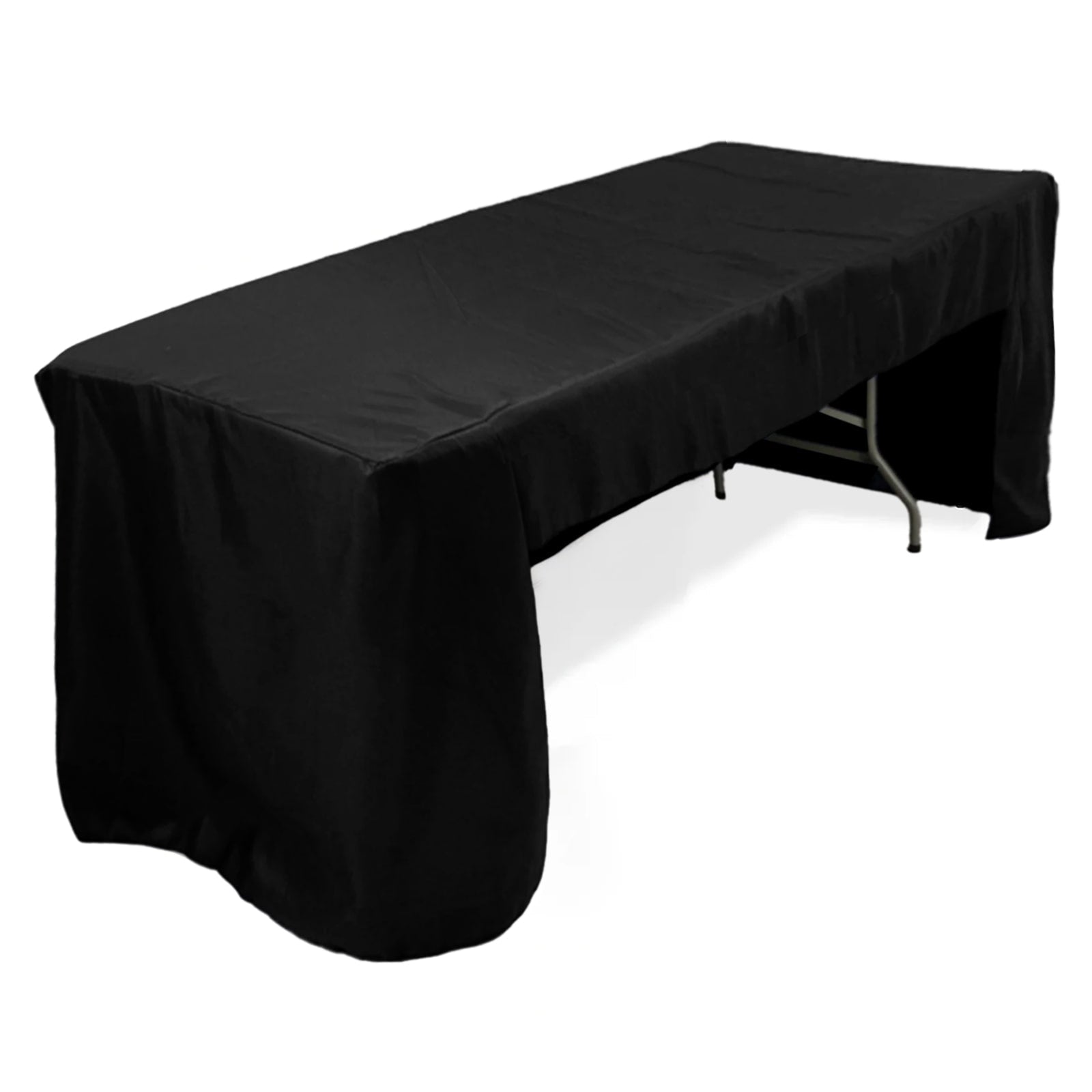 Fitted Polyester 96x30 Rectangle Tablecloth Black with Open Back Design - Easy to Maintain and Wrinkle-Resistant Table Cover for Trade Shows & Displays