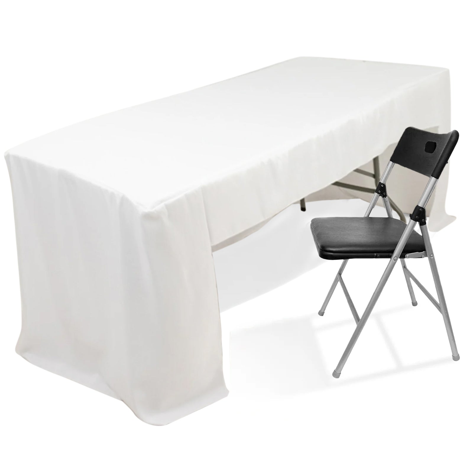 Fitted Polyester 96x30 Rectangle Tablecloth White with Open Back Design - Easy to Maintain and Wrinkle-Resistant Table Cover for Trade Shows & Displays