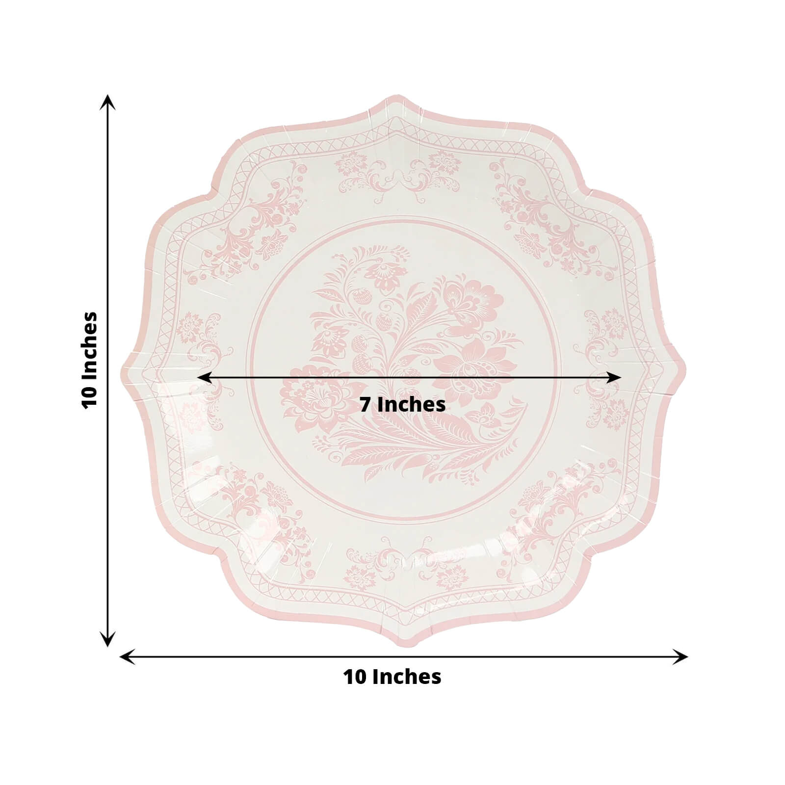 25-Pack Paper Dinner Plates in White with Pink French Toile Print & Scallop Rim - Stylish Disposable 300GSM Floral Party Plates 10