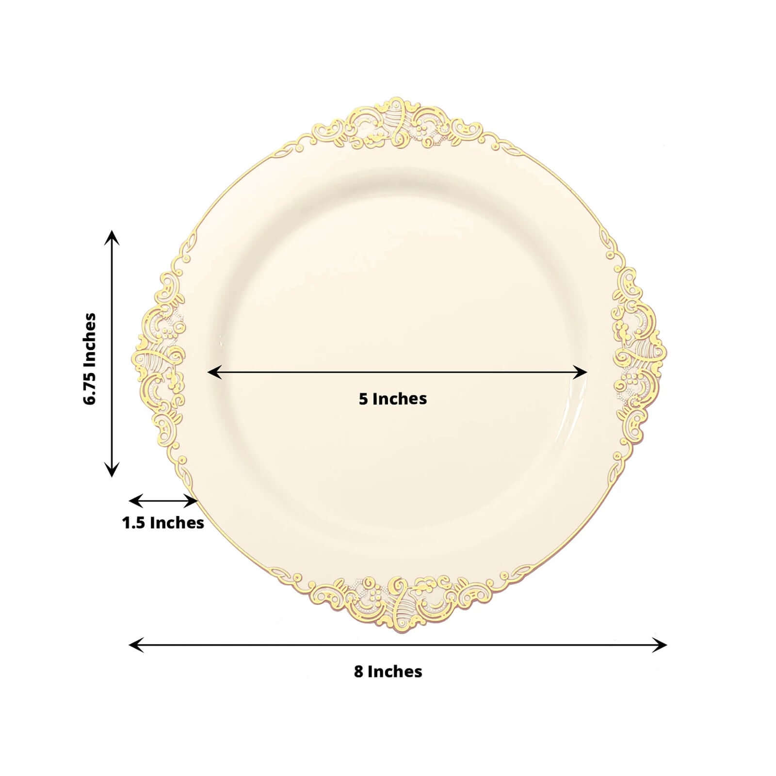 10-Pack Plastic 8 Round Dessert Plates in Ivory with Gold Leaf Embossed Rim - Disposable Vintage Baroque Style Salad Plates