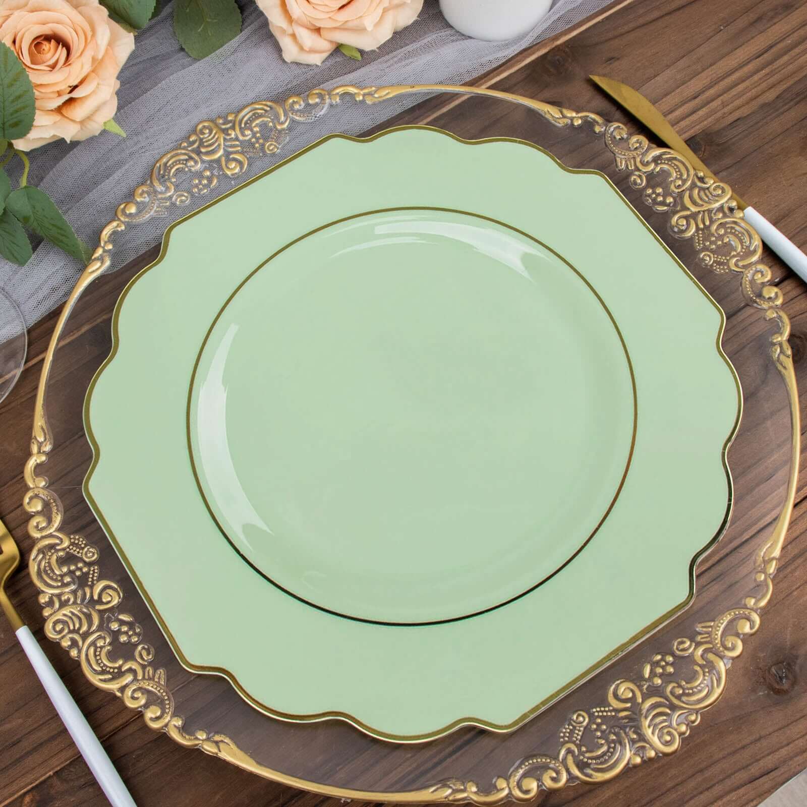 10-Pack Plastic Dinner Plates in Sage Green Baroque Design with Scalloped Gold Rim - Heavy Duty Disposable Party Plates 11