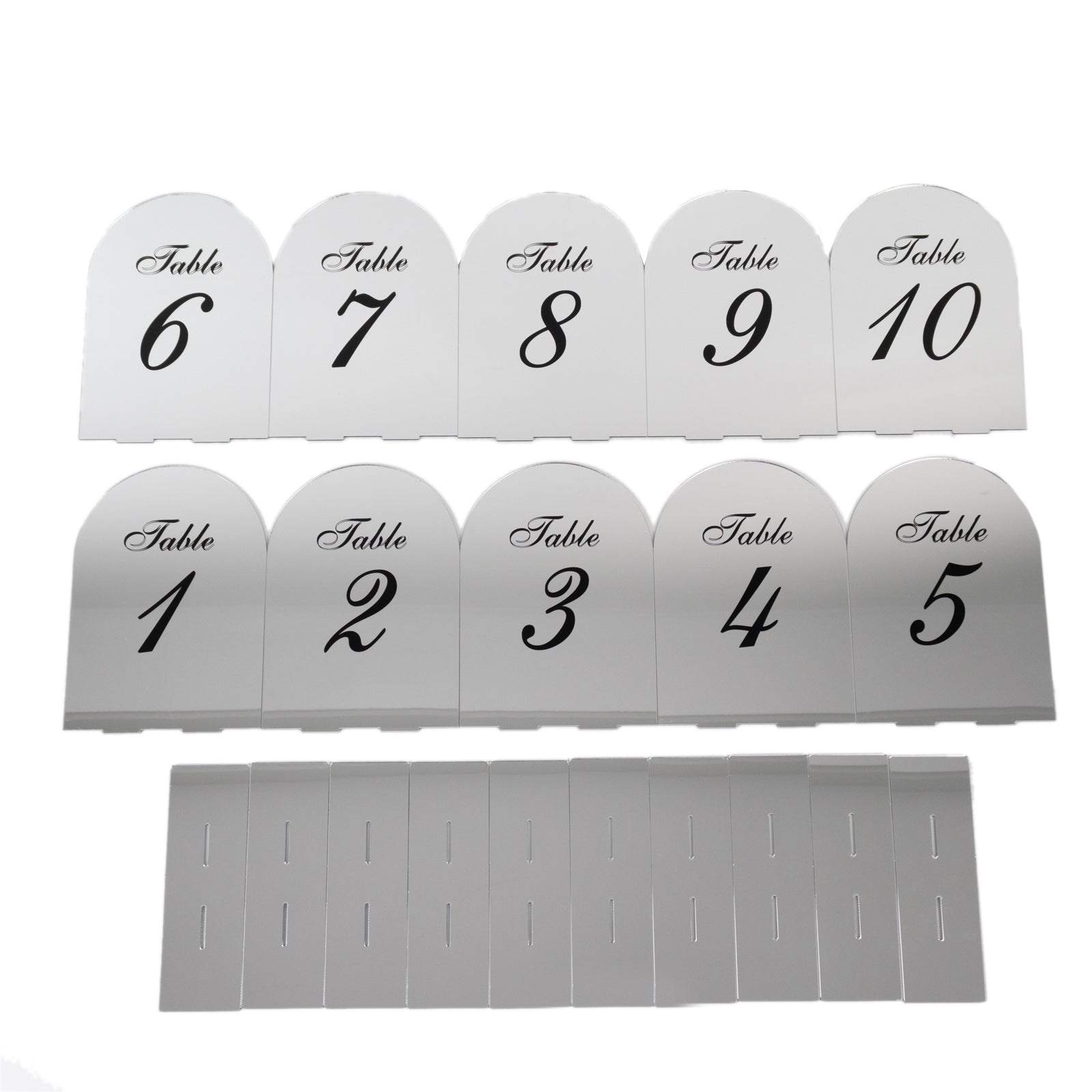 Silver Mirror Arch Acrylic Table Numbers (1-10) - 6x7 Wedding Reception Signs with Black Print & Stands